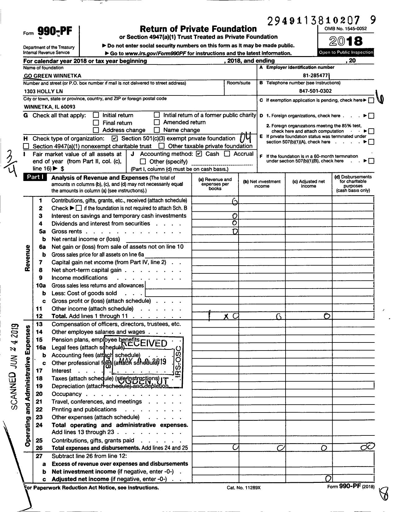 Image of first page of 2018 Form 990PF for Go Green Winnetka