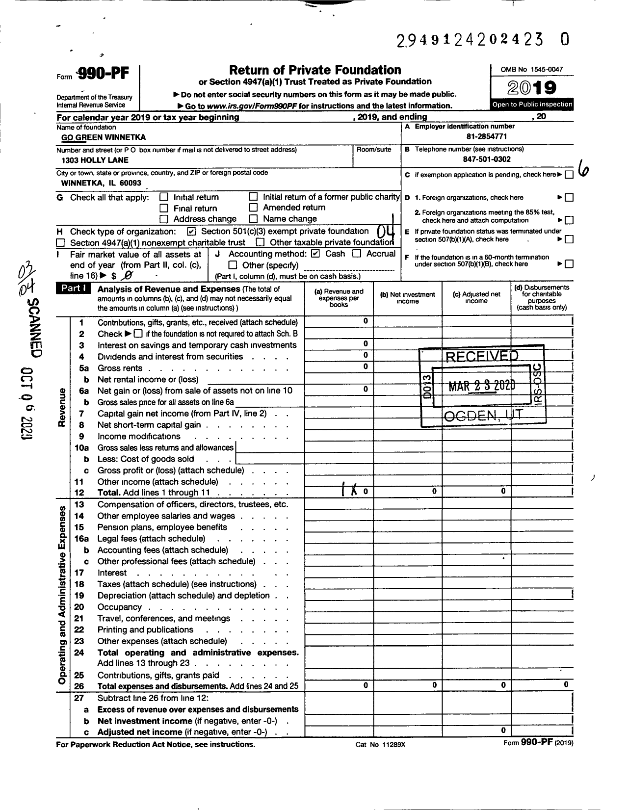 Image of first page of 2019 Form 990PR for Go Green Winnetka