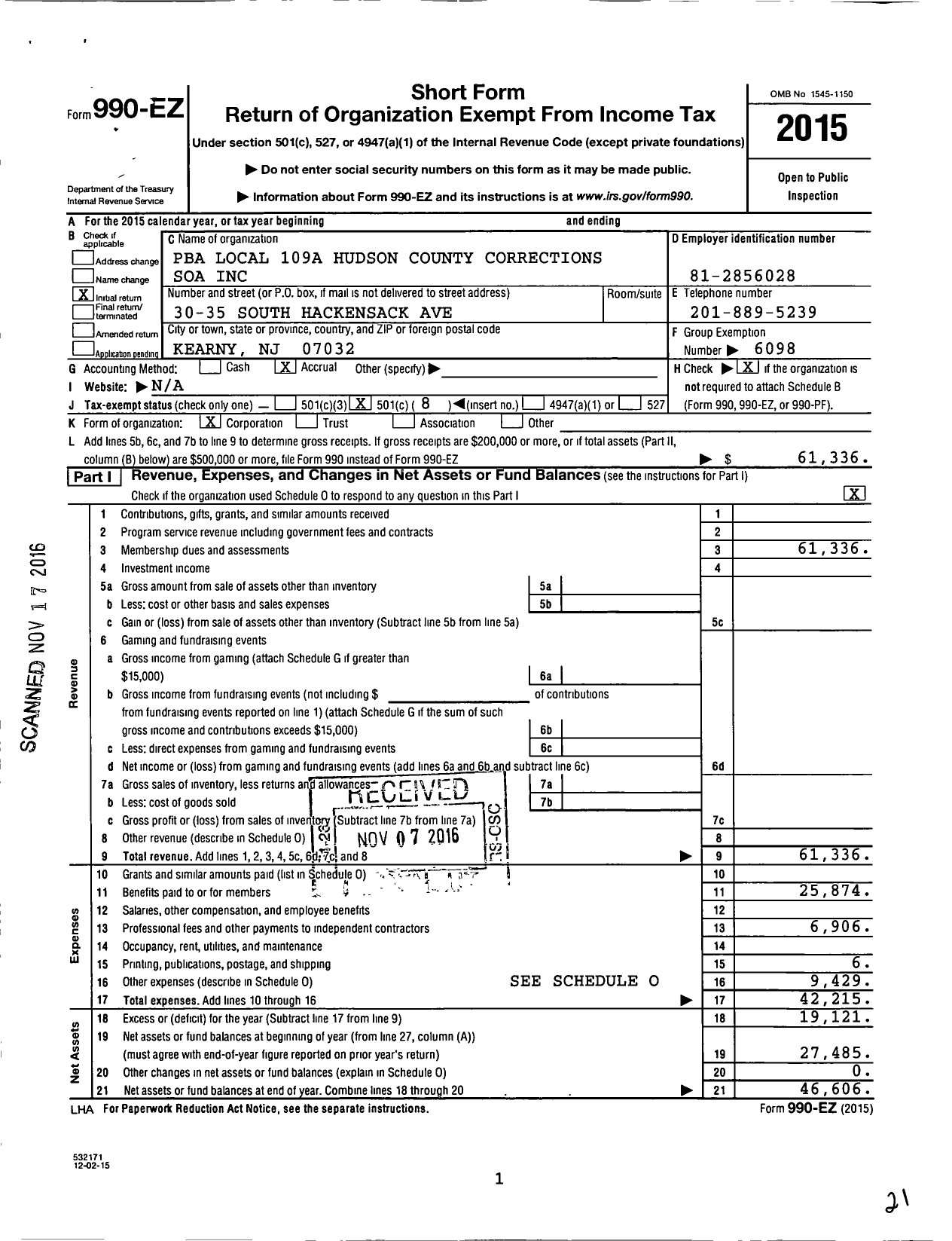 Image of first page of 2015 Form 990EO for NJ State Patrolmen's Benevolent Association - 109a Hudson Cnty Corrections Soa