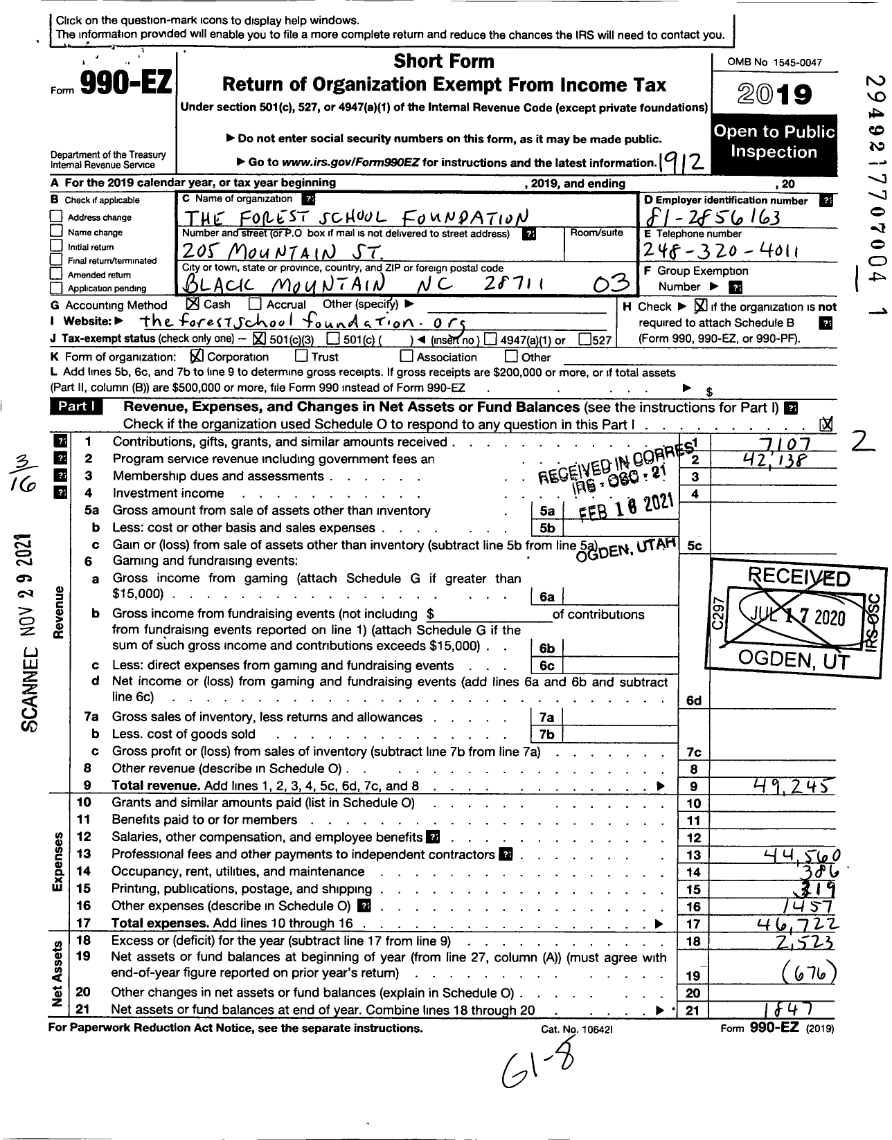 Image of first page of 2019 Form 990EZ for The Forest School Foundation