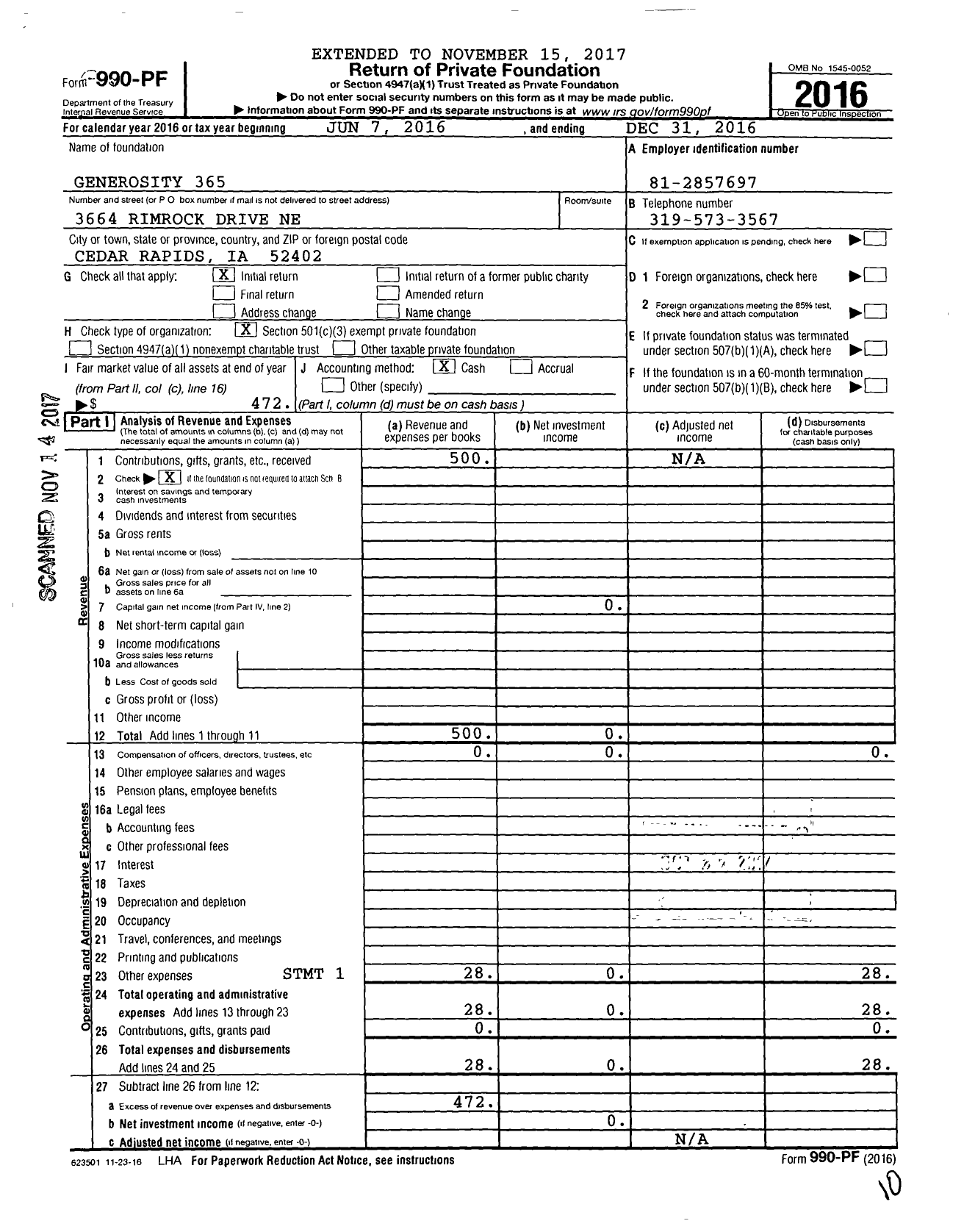 Image of first page of 2016 Form 990PF for Generosity 365