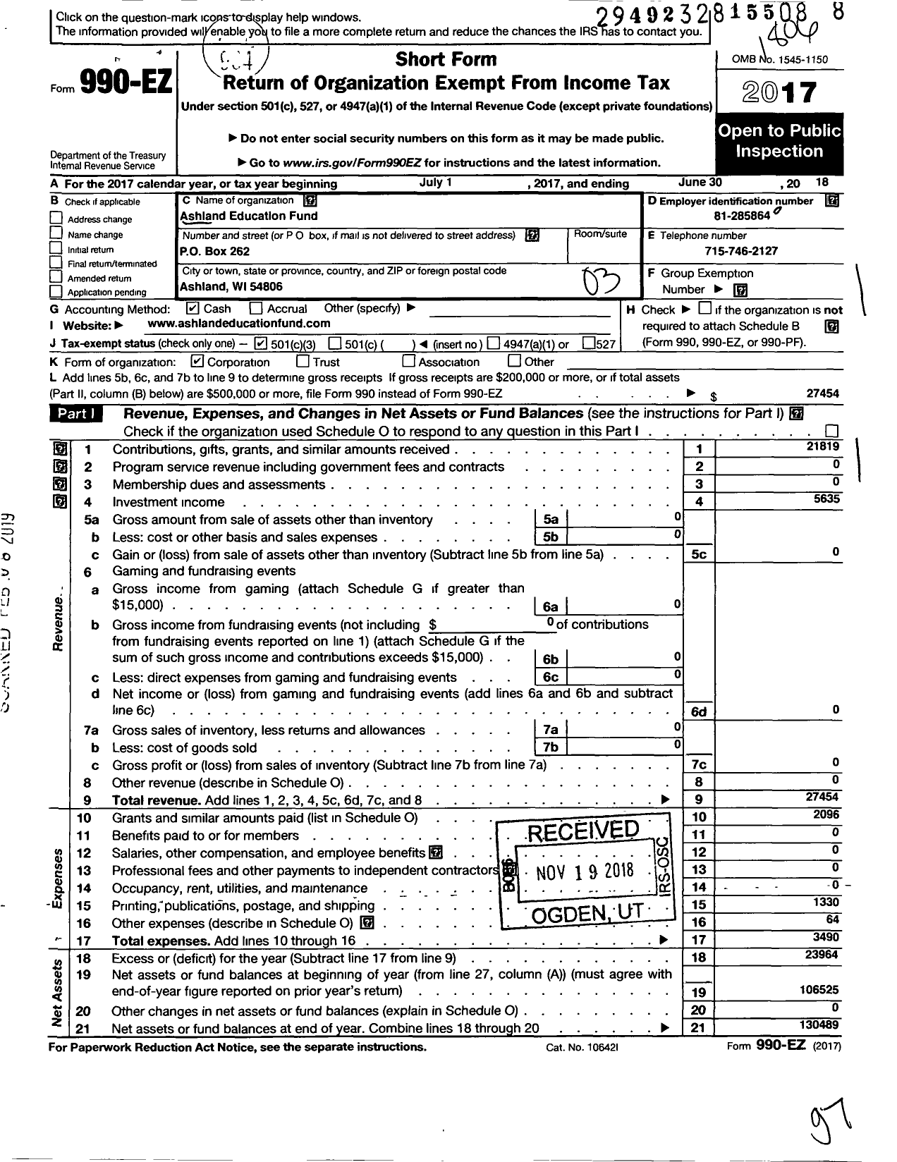 Image of first page of 2017 Form 990EZ for Ashland Education Fund