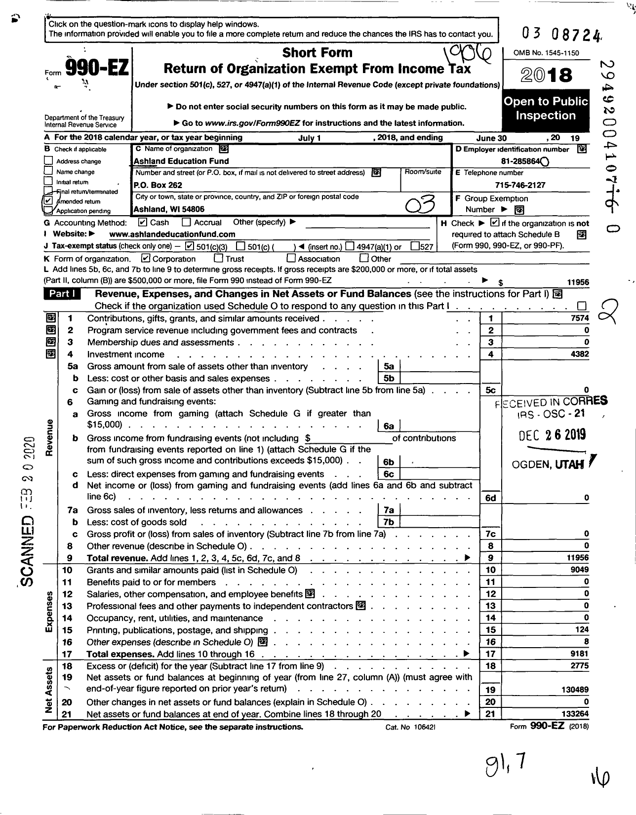 Image of first page of 2018 Form 990EZ for Ashland Education Fund