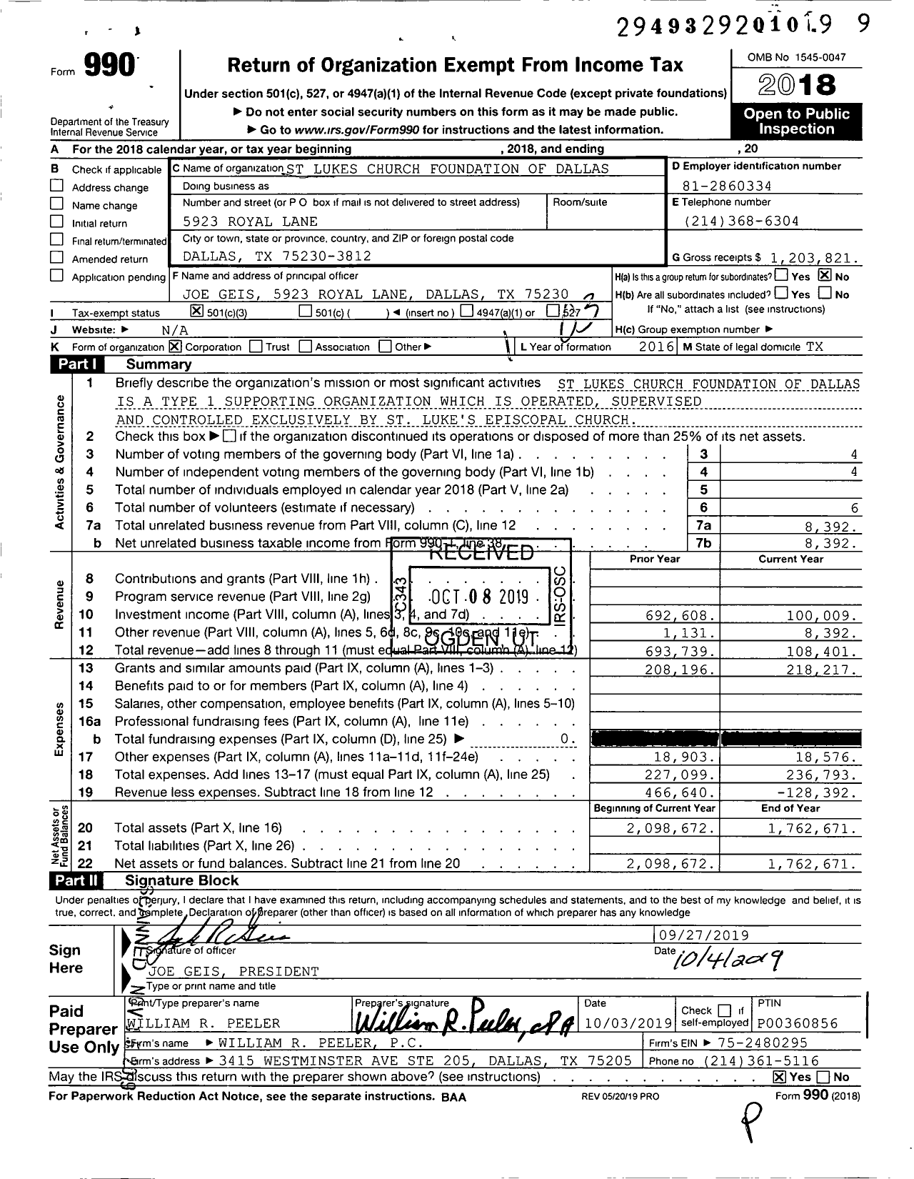 Image of first page of 2018 Form 990 for St Lukes Church Foundation of Dallas