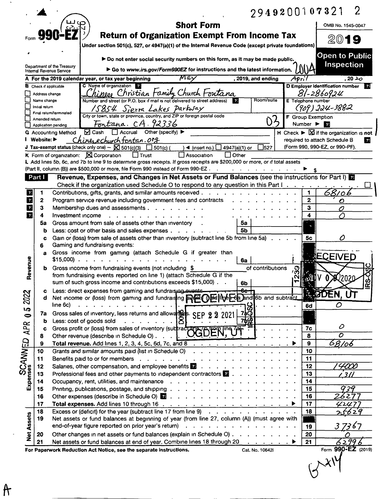 Image of first page of 2019 Form 990EZ for Chinese Christian Family Church Fontana