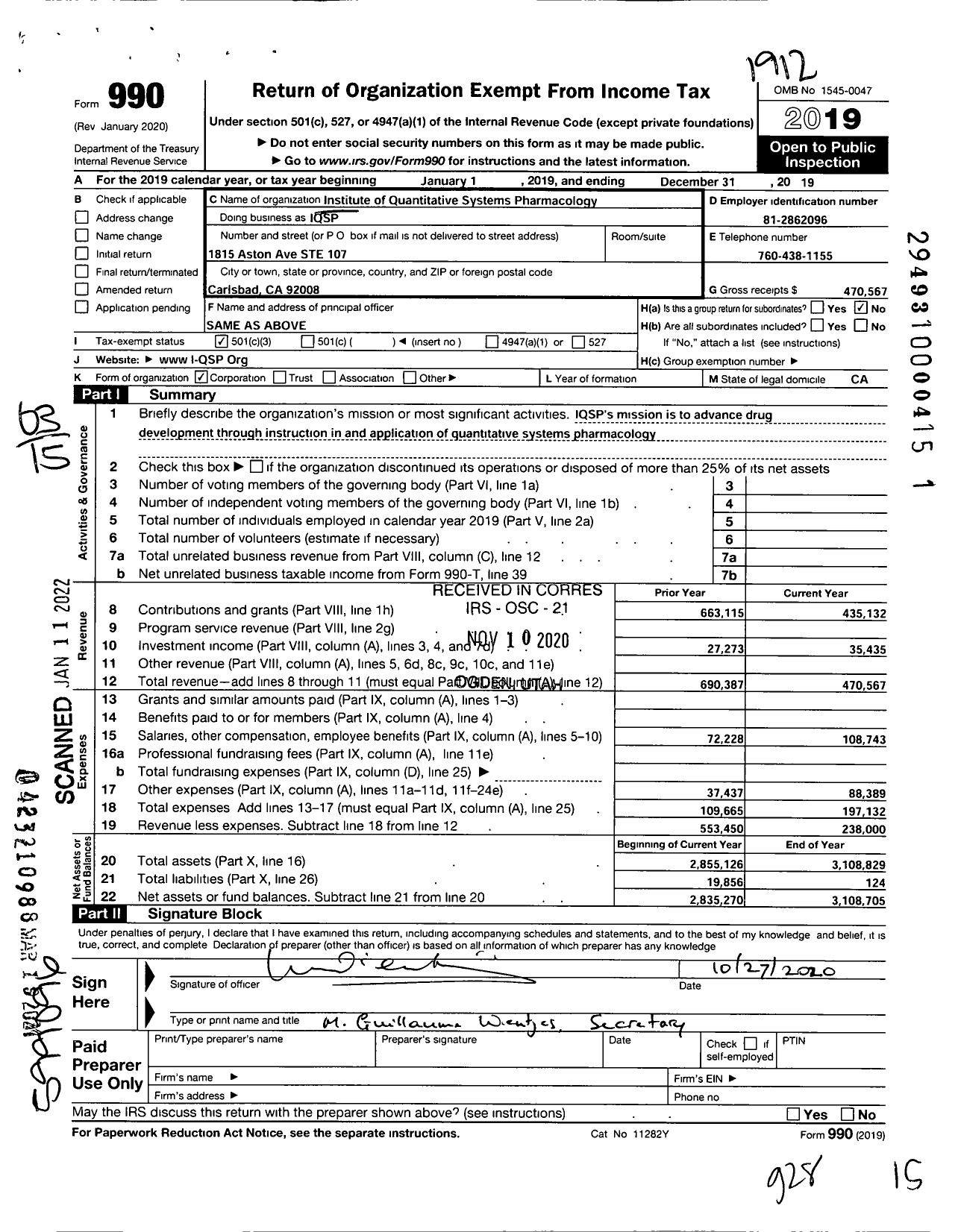 Image of first page of 2019 Form 990 for Institute of Quantitative Systems Pharmacology (IQSP)