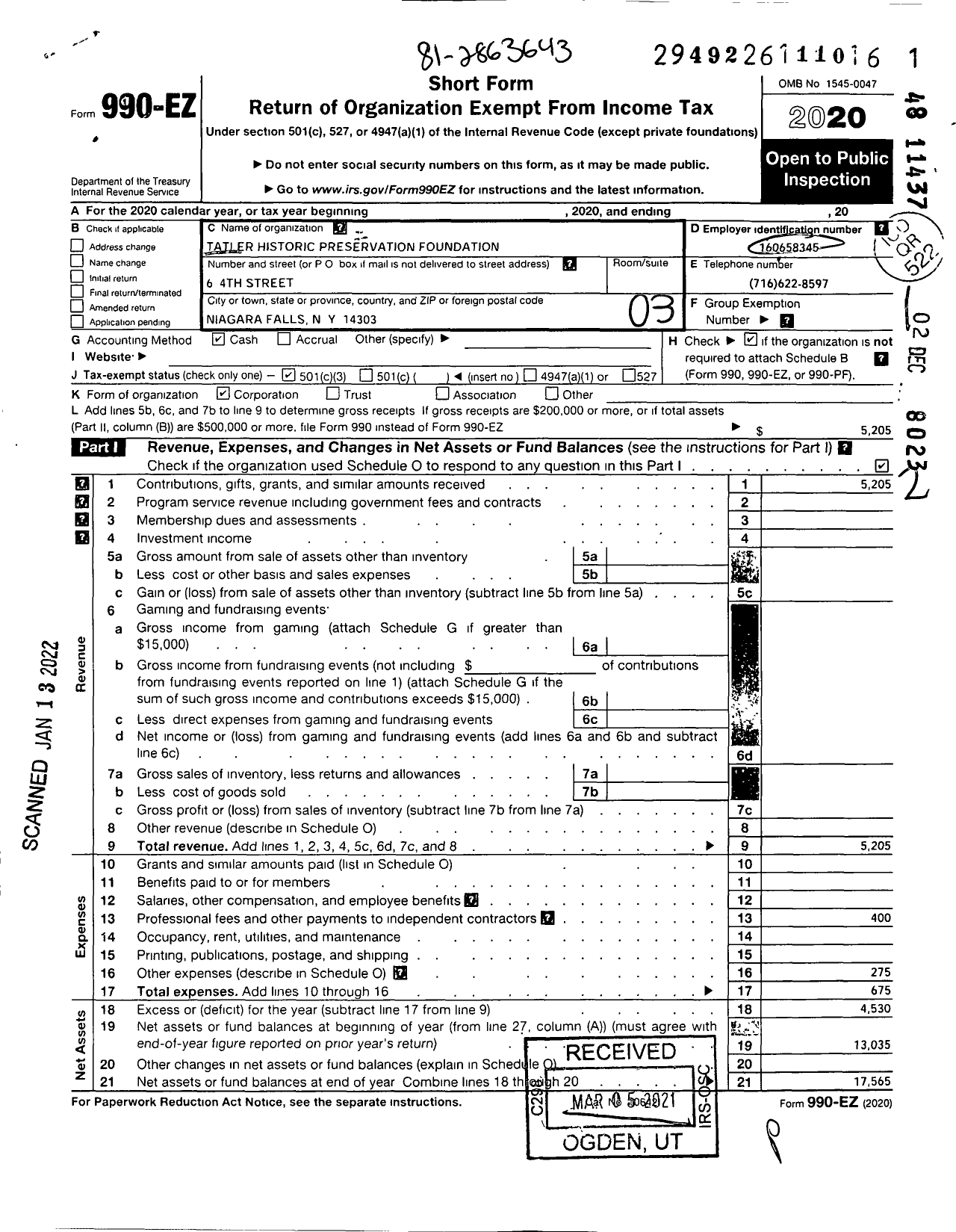 Image of first page of 2020 Form 990EZ for TATLER Historic Preservation Foundation