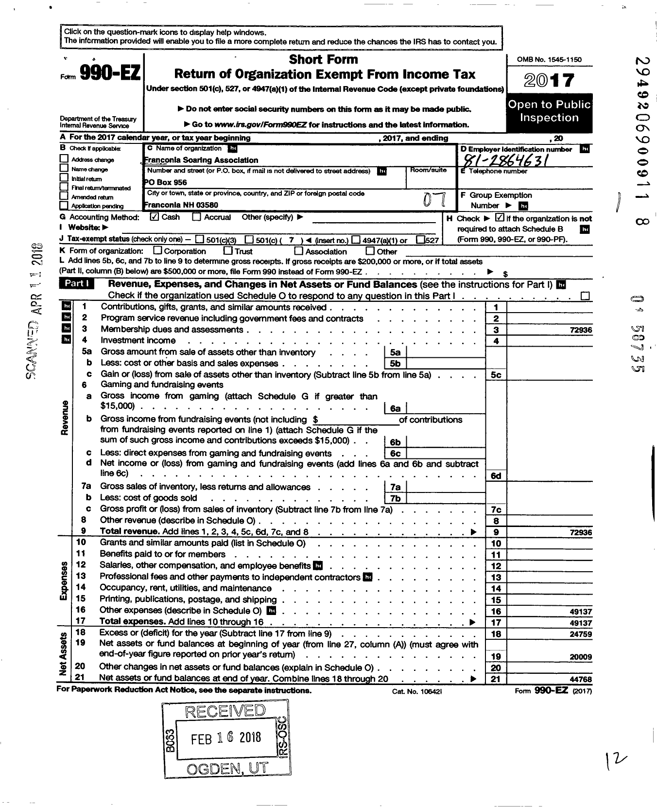 Image of first page of 2017 Form 990EO for Franconia Soaring Foundation