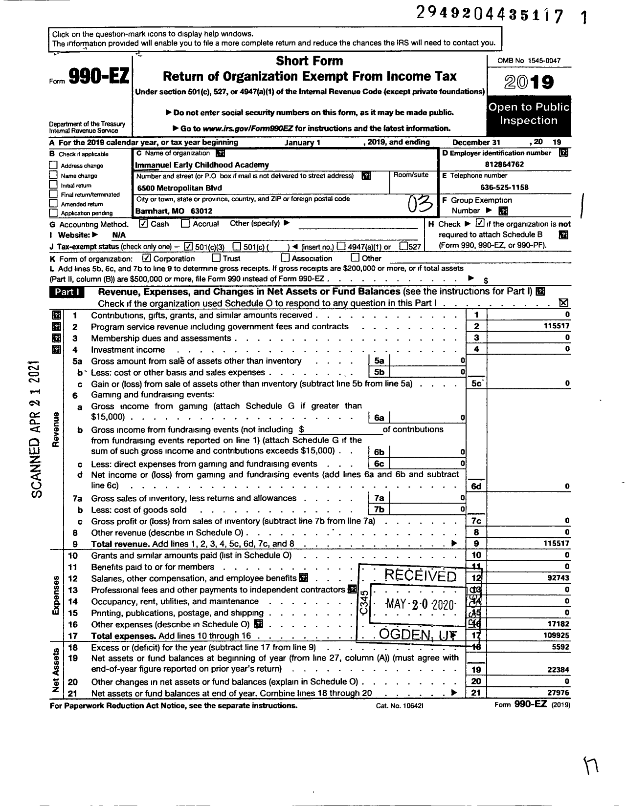 Image of first page of 2019 Form 990EZ for Immanuel Early Childhood Academy