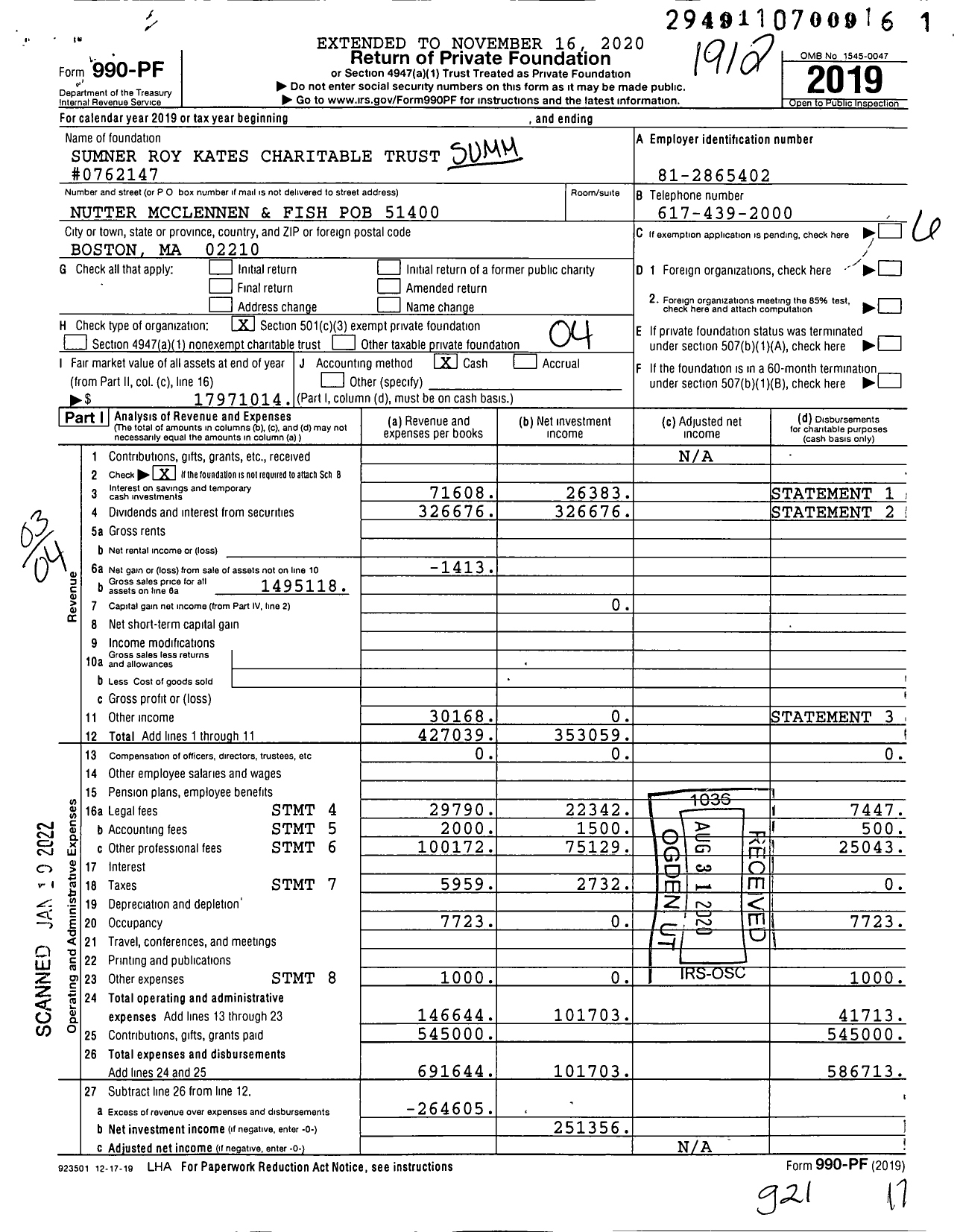 Image of first page of 2019 Form 990PF for Sumner Roy Kates Charitable Trust #0762147