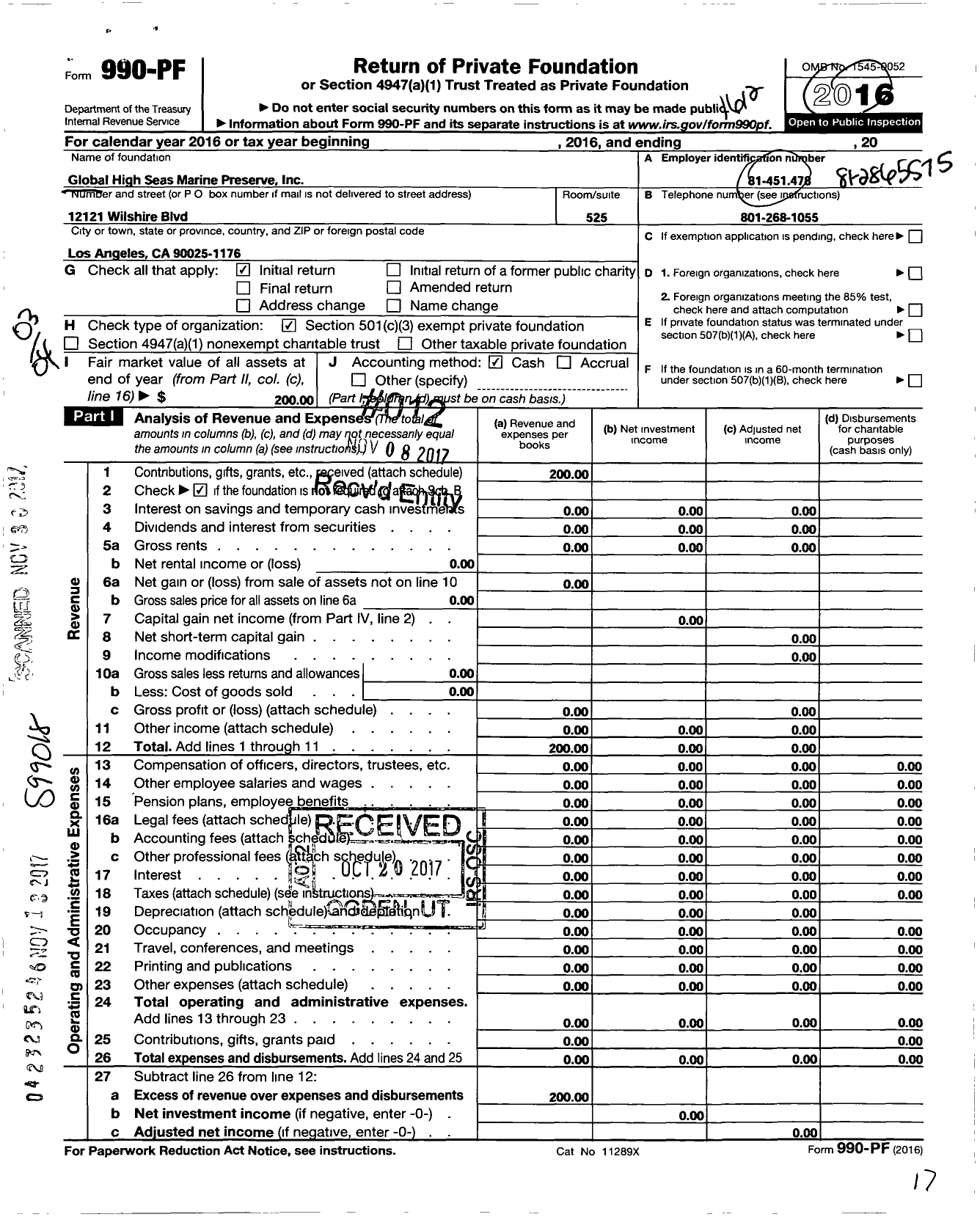 Image of first page of 2016 Form 990PF for Global High Seas Marine Preserve