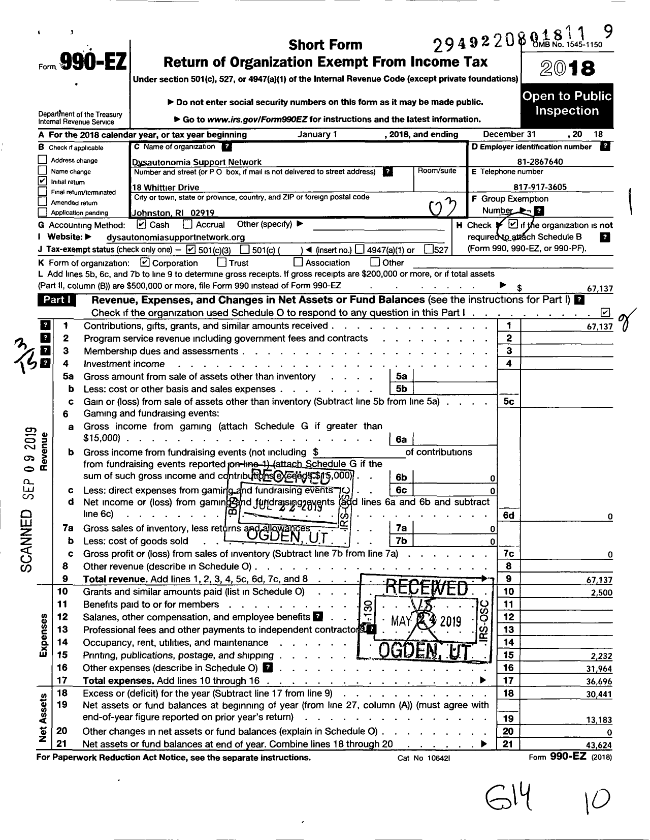 Image of first page of 2018 Form 990EZ for Dysautonomia Support Network