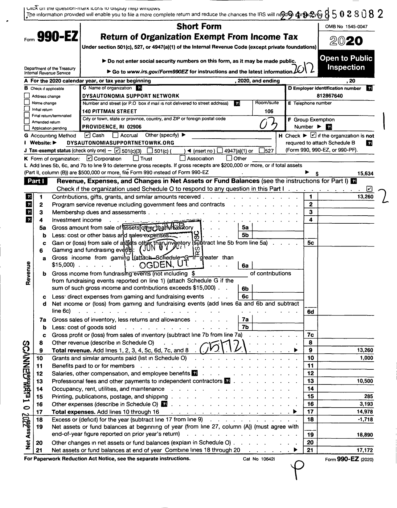 Image of first page of 2020 Form 990EZ for Dysautonomia Support Network