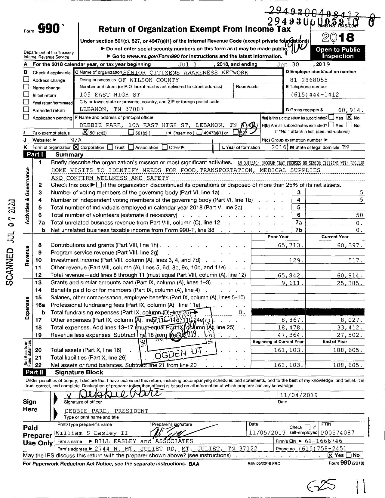 Image of first page of 2018 Form 990 for Senior Citizens Awareness Network