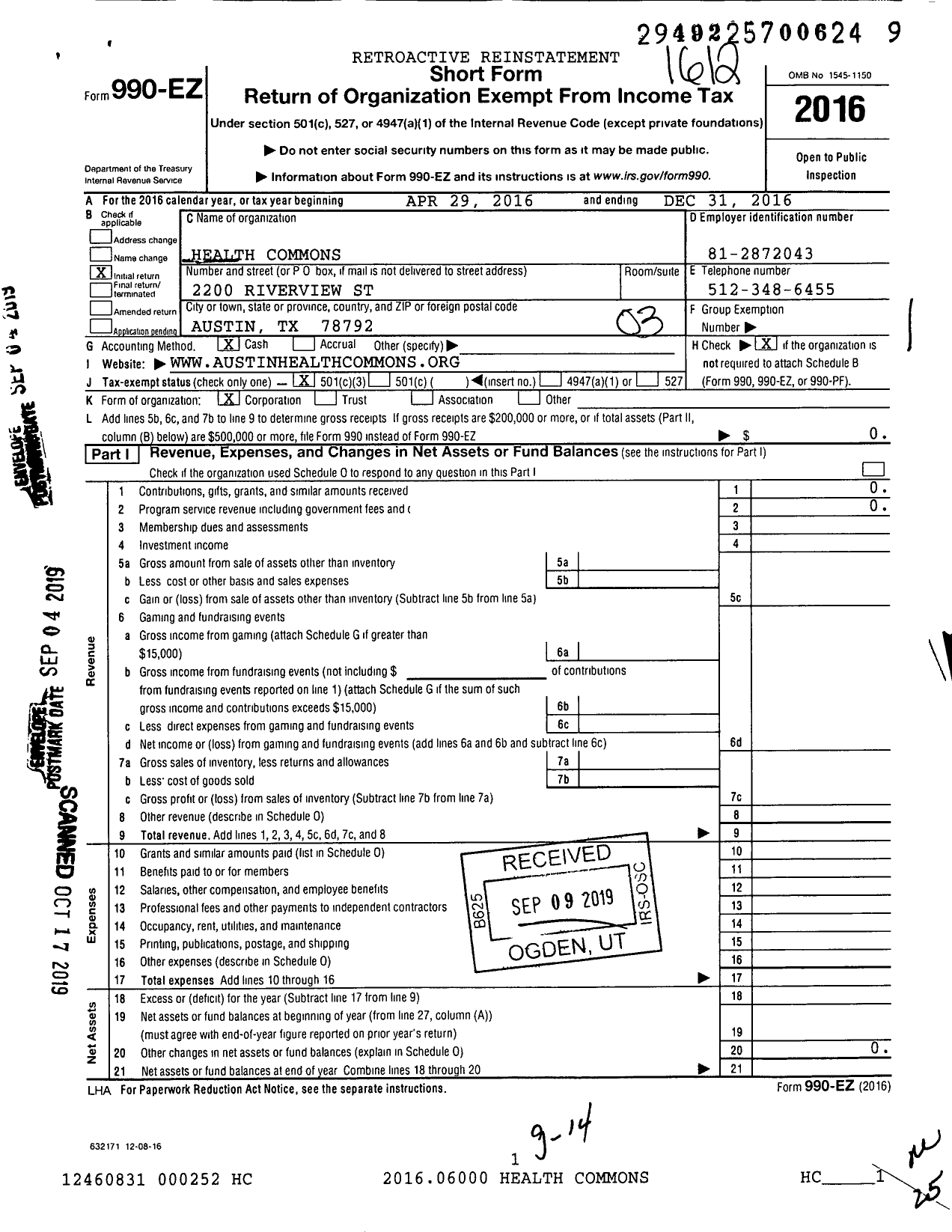 Image of first page of 2016 Form 990EZ for Health Commons