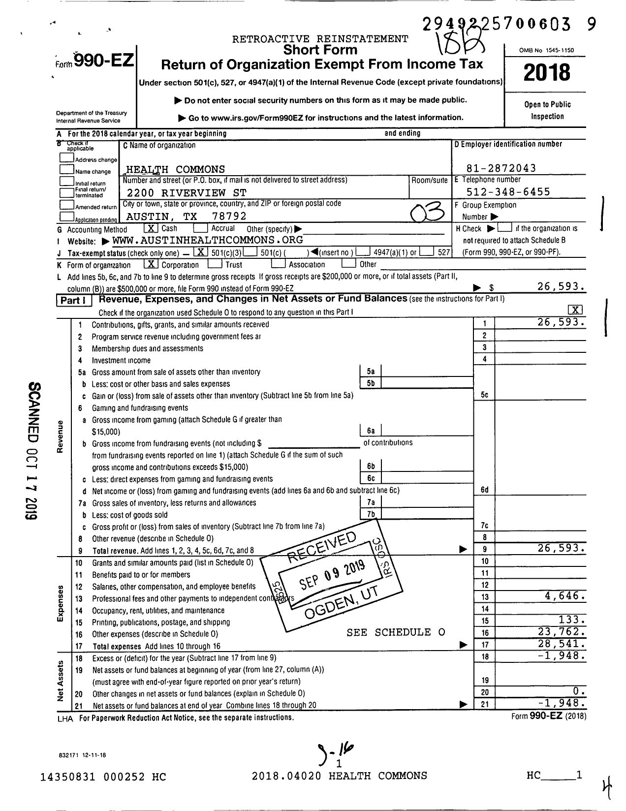 Image of first page of 2018 Form 990EZ for Health Commons
