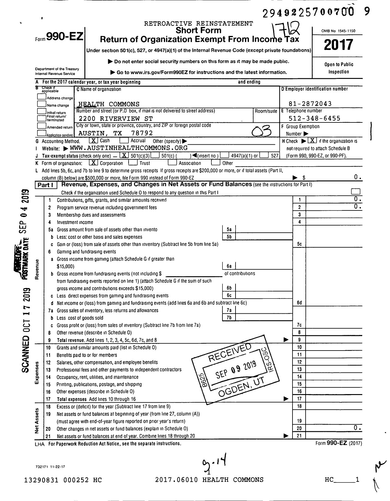 Image of first page of 2017 Form 990EZ for Health Commons