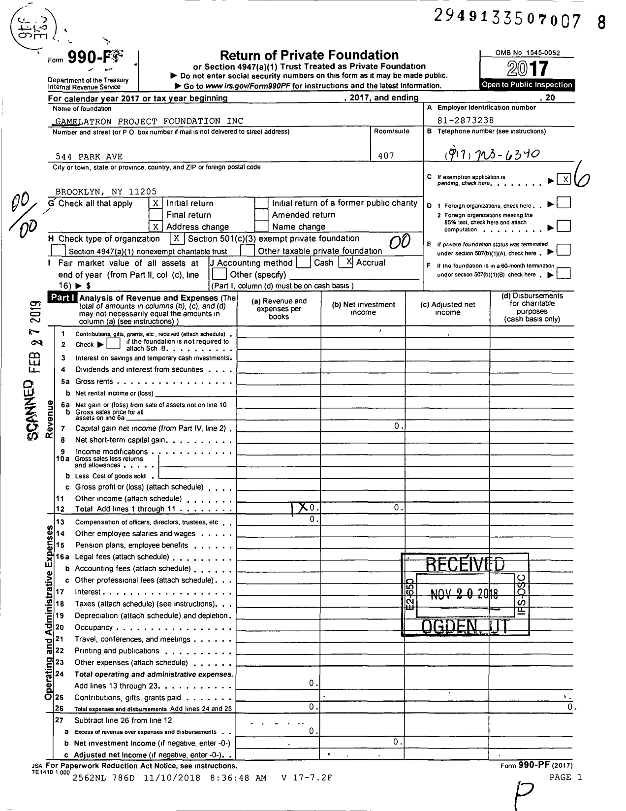 Image of first page of 2017 Form 990PF for Gamelatron Project Foundation