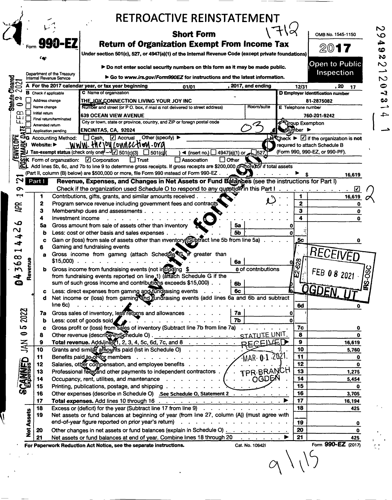 Image of first page of 2017 Form 990EZ for The Joy Connection Living Your Joy