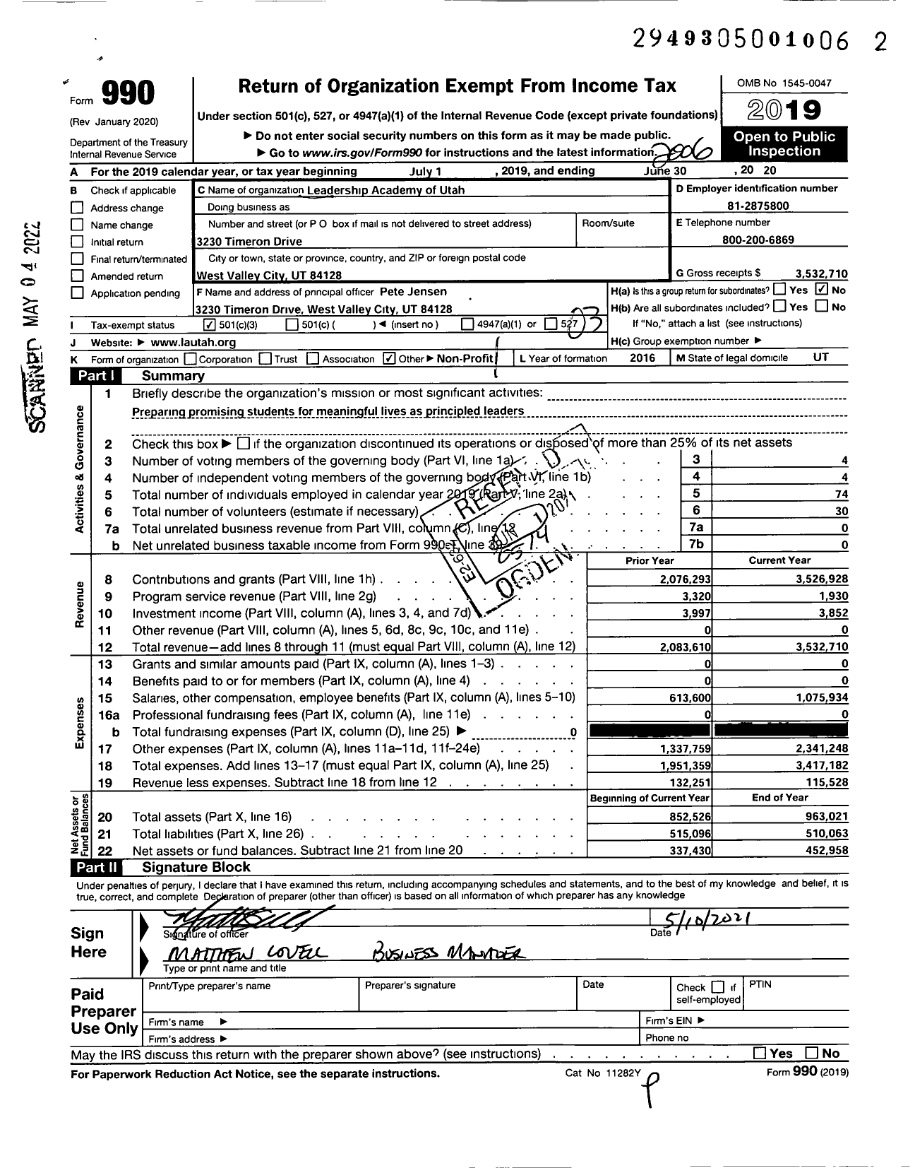 Image of first page of 2019 Form 990 for Leadership Academy of Utah