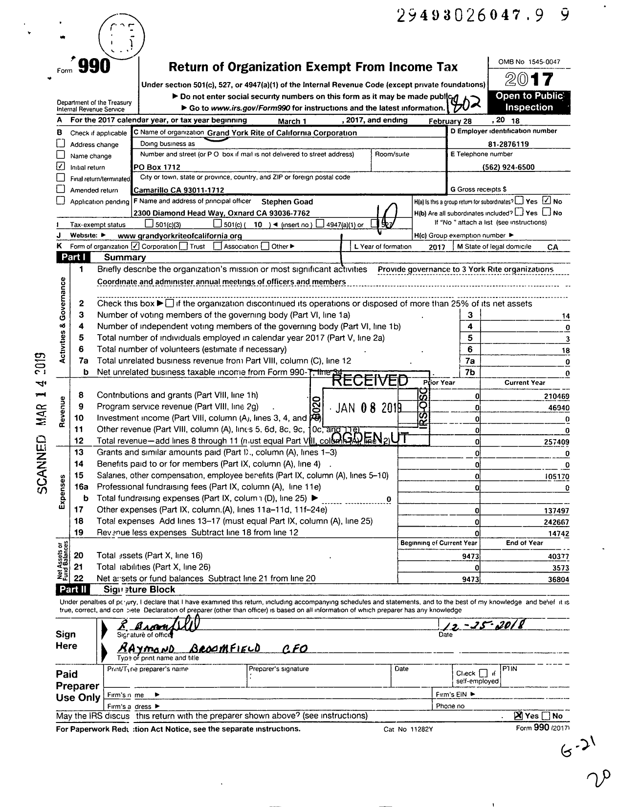 Image of first page of 2017 Form 990O for Grand York Rite California Corporation