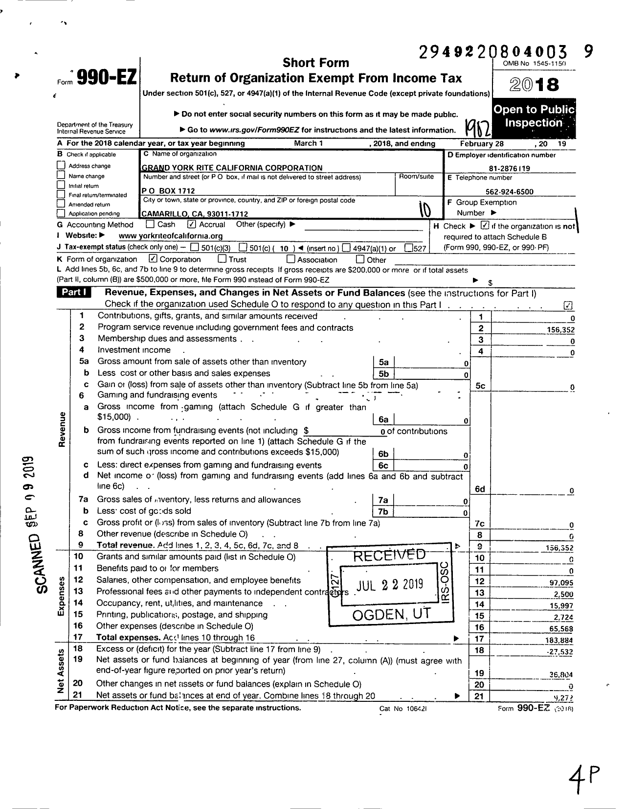 Image of first page of 2018 Form 990EO for Grand York Rite California Corporation