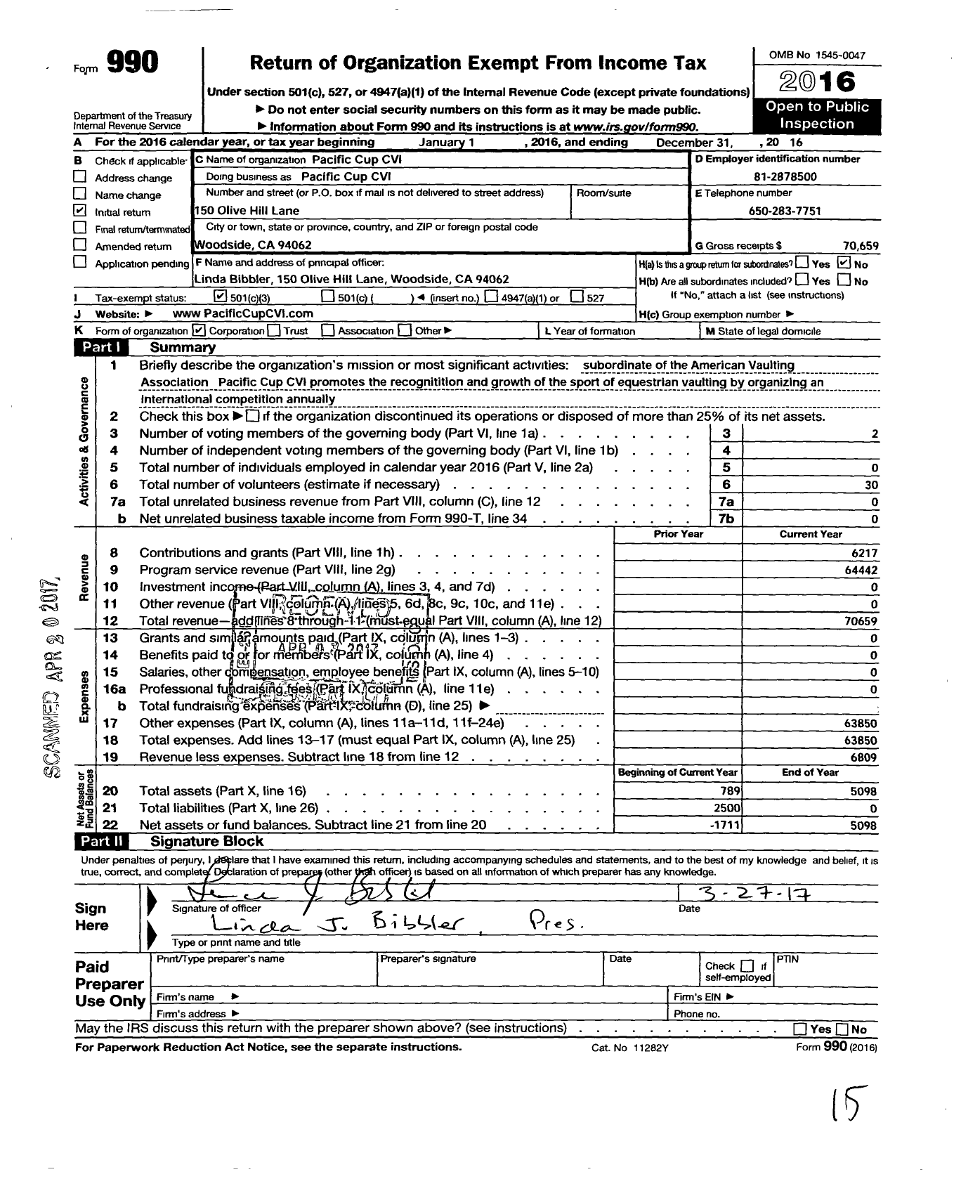 Image of first page of 2016 Form 990 for Pacific Cup Cvi