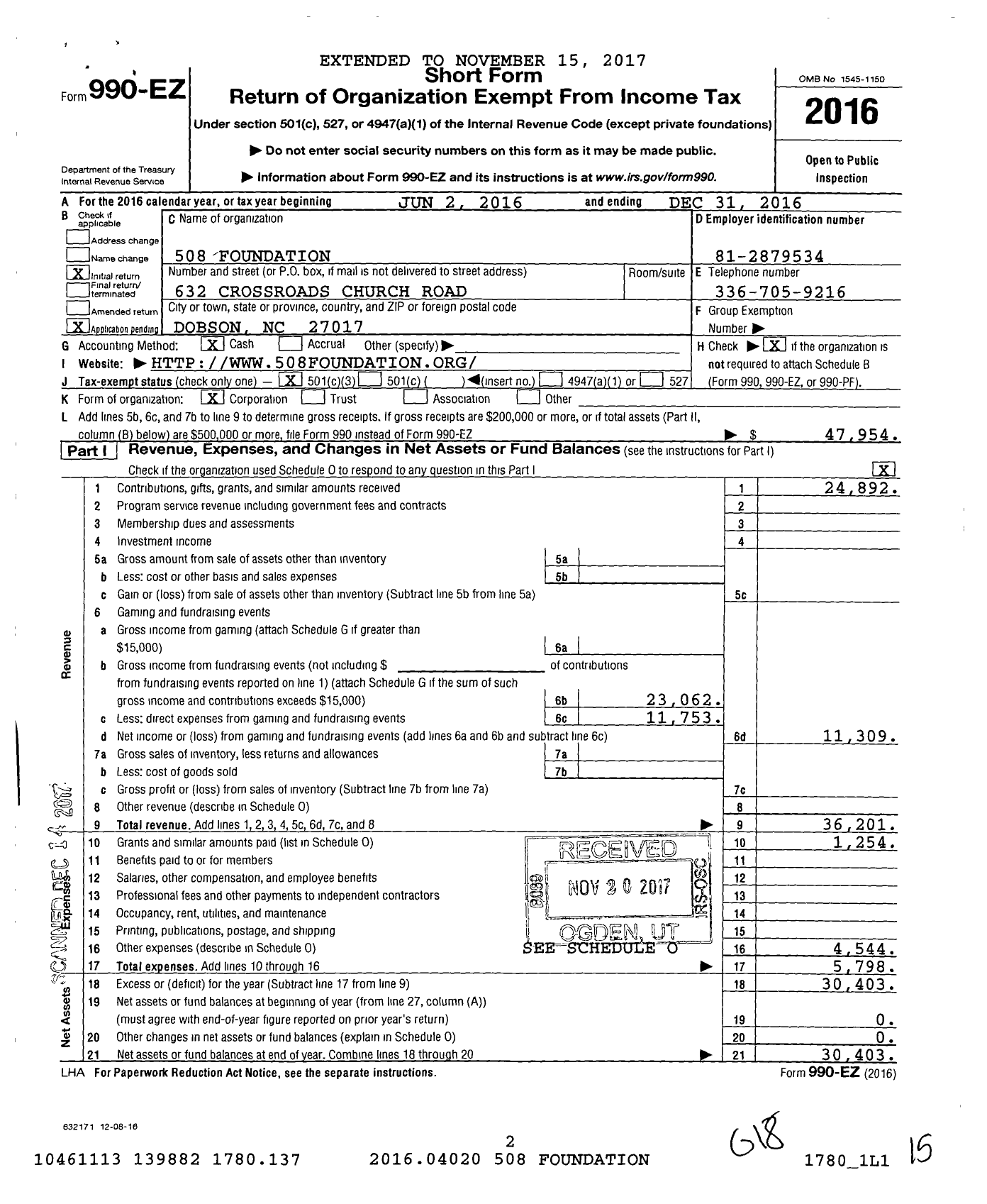 Image of first page of 2016 Form 990EZ for 508 Foundation