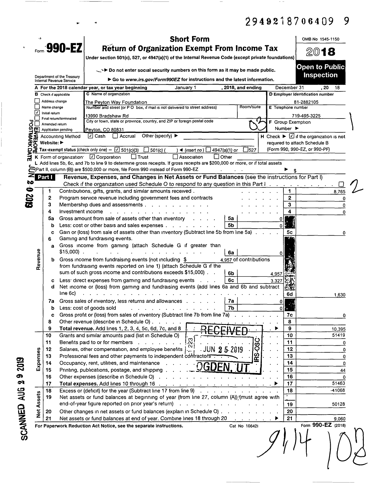 Image of first page of 2018 Form 990EZ for Peyton Way Foundation