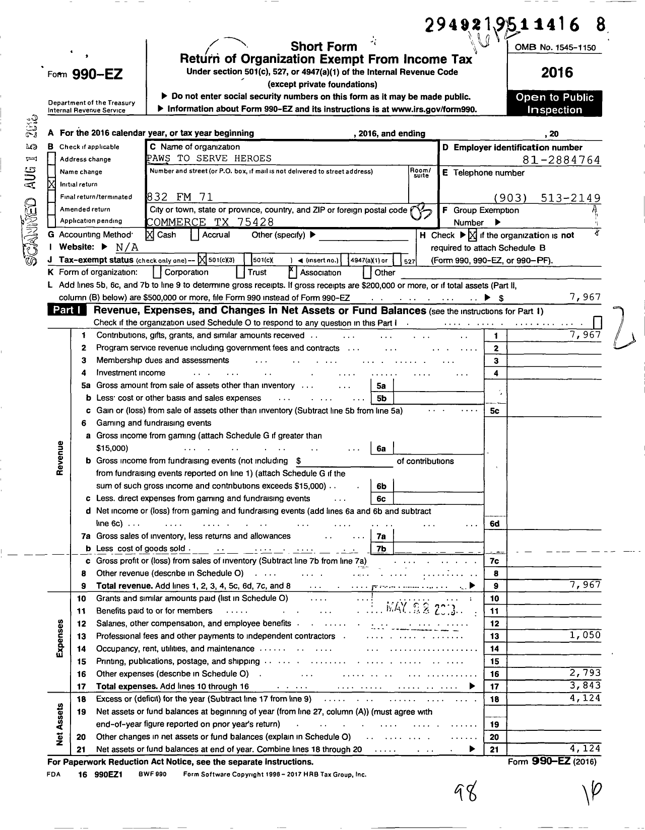 Image of first page of 2016 Form 990EZ for Paws To Serve Heroes