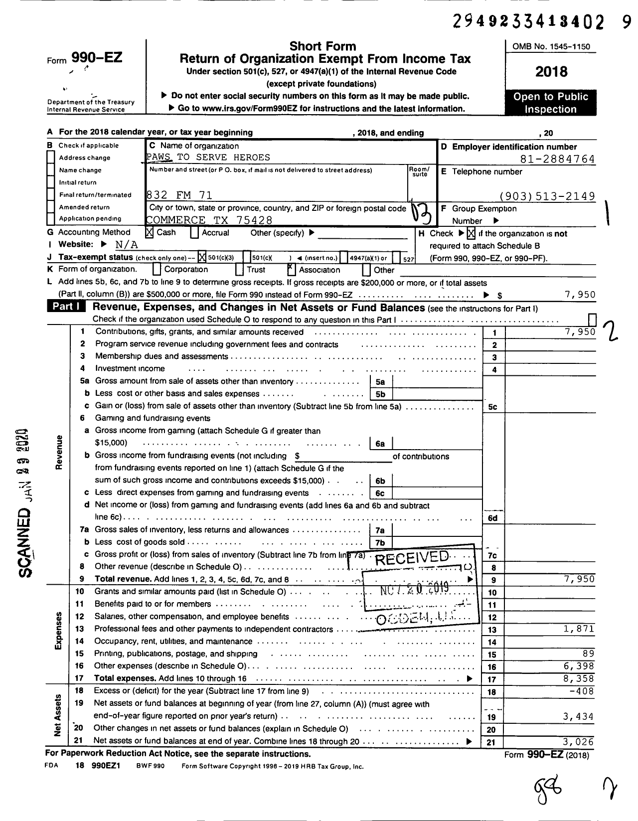 Image of first page of 2018 Form 990EZ for Paws To Serve Heroes