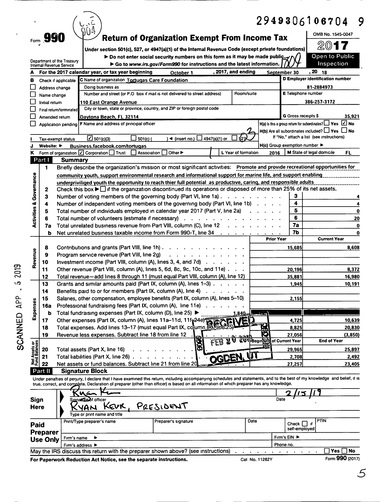 Image of first page of 2017 Form 990 for Tortugas Care Foundation