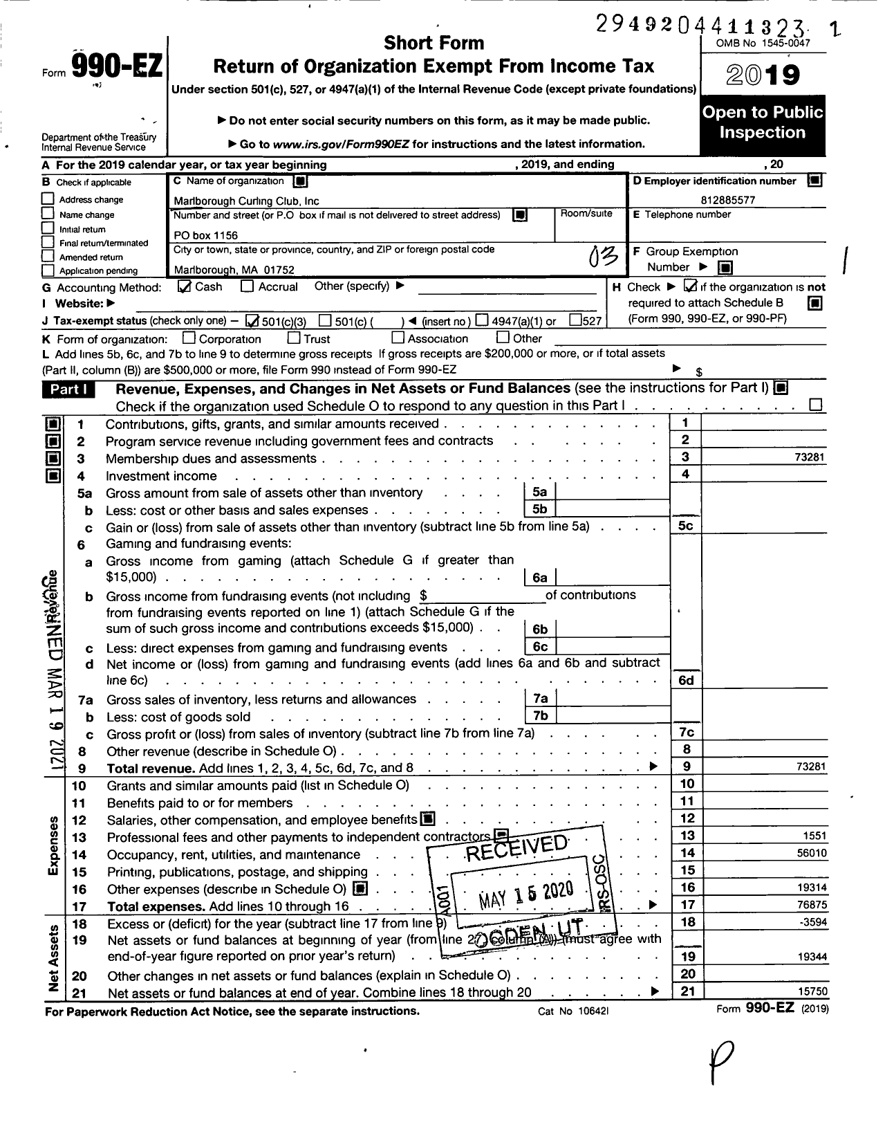 Image of first page of 2019 Form 990EZ for Colonial Curling Association