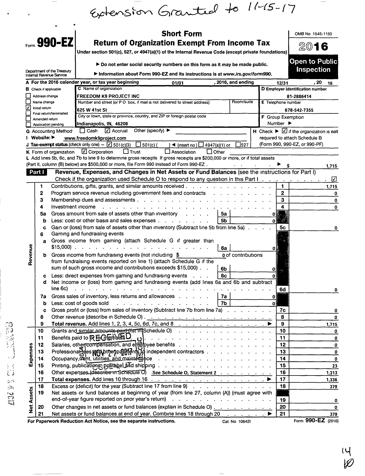 Image of first page of 2016 Form 990EZ for Freedom K9 Project