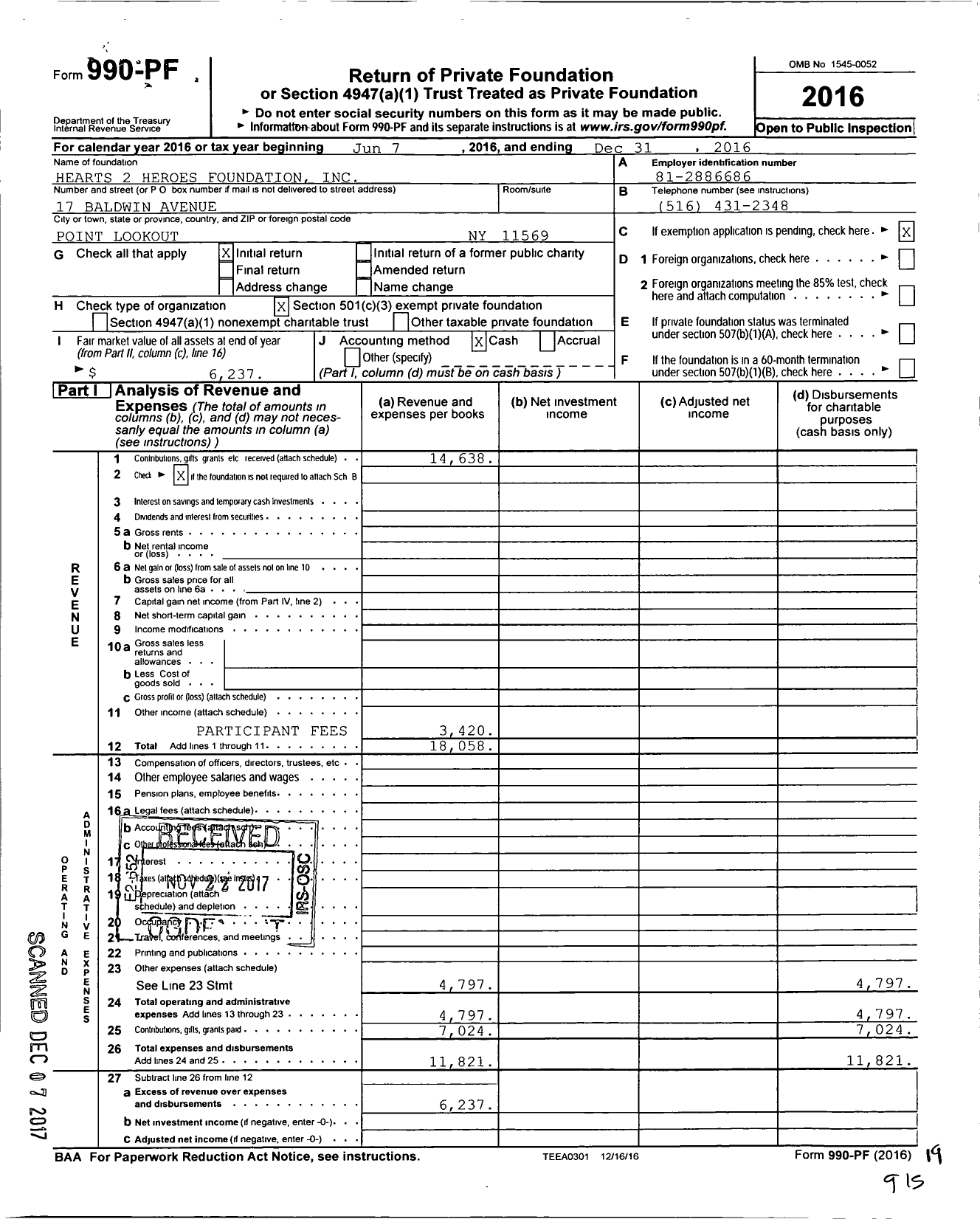 Image of first page of 2016 Form 990PF for Hearts 2 Heroes Foundation