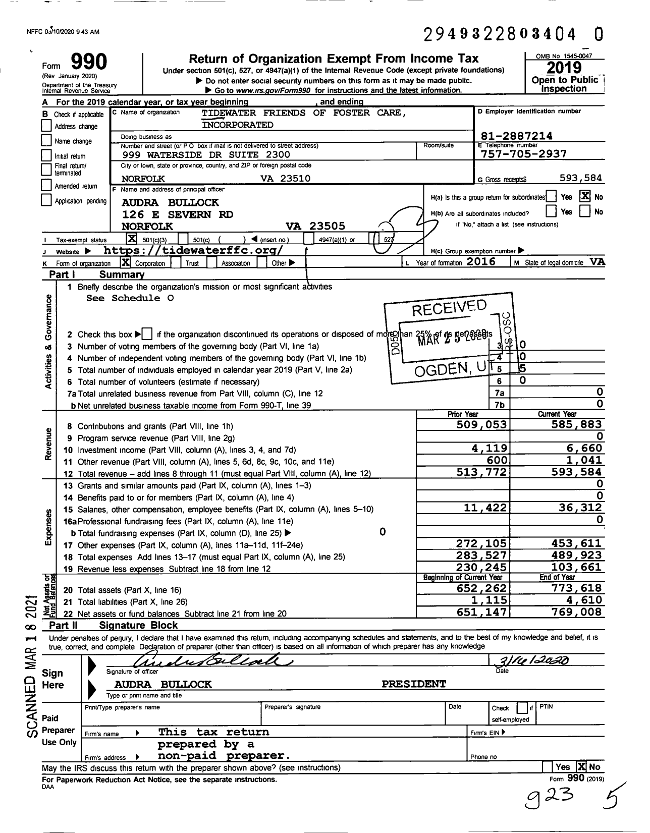Image of first page of 2019 Form 990 for Tidewater Friends of Foster Care Incorporated