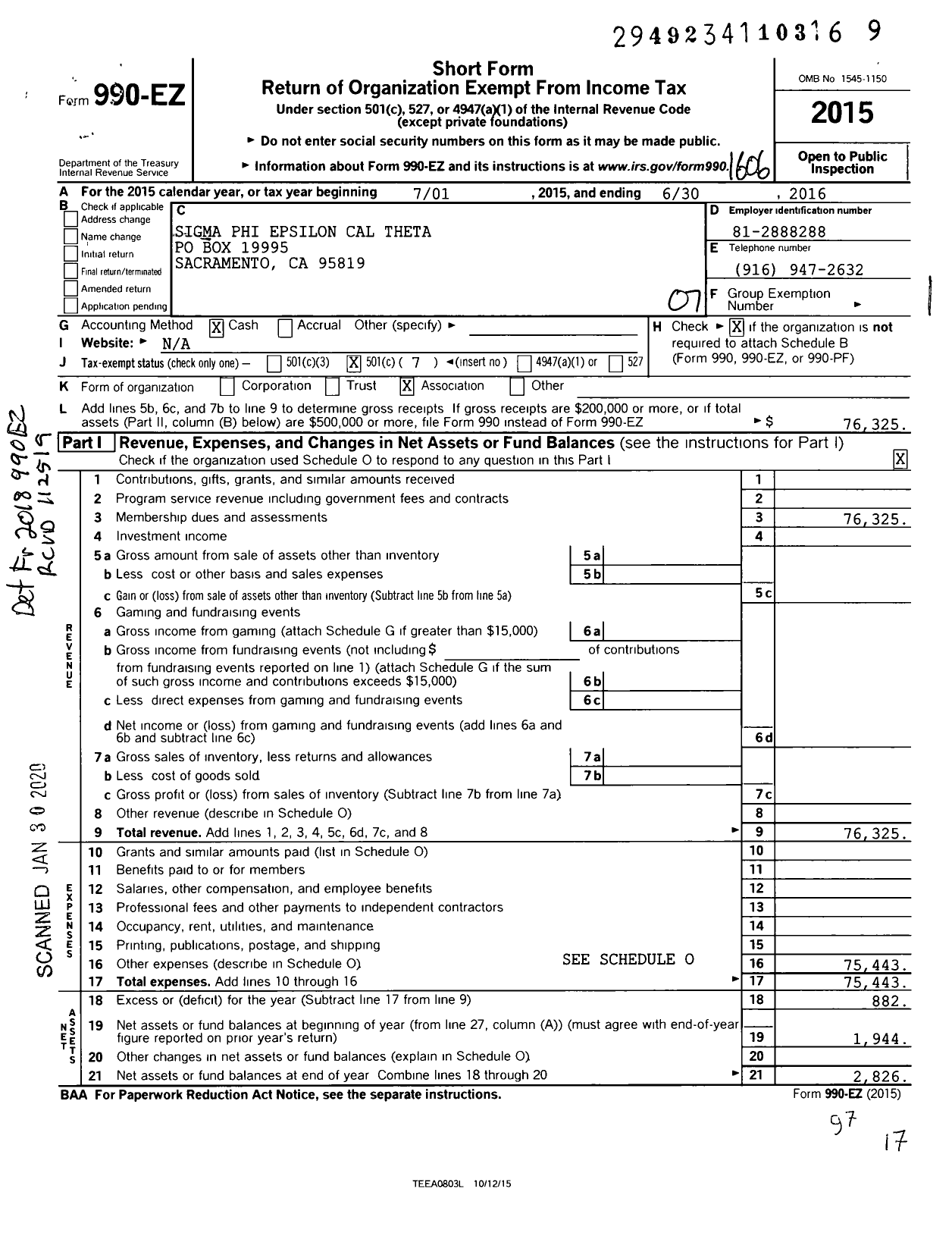 Image of first page of 2015 Form 990EO for Sigma Phi Epsilon - California Theta