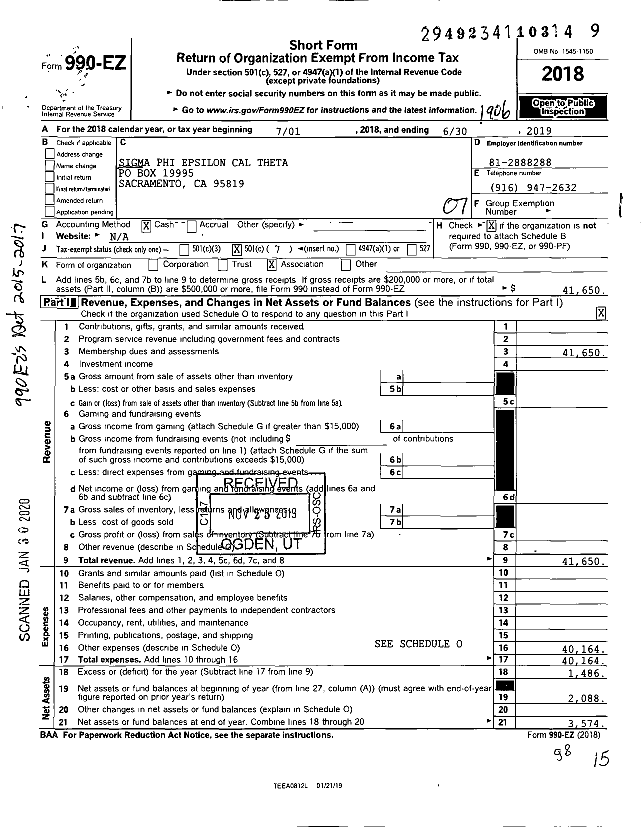 Image of first page of 2018 Form 990EO for Sigma Phi Epsilon - California Theta