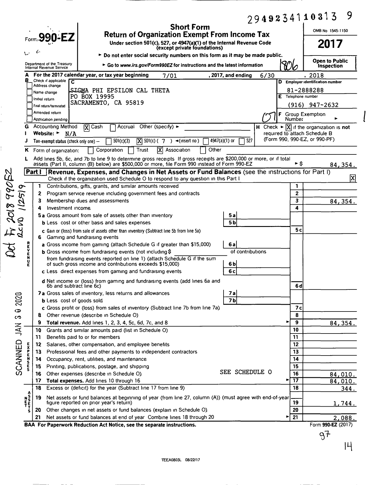 Image of first page of 2017 Form 990EO for Sigma Phi Epsilon - California Theta