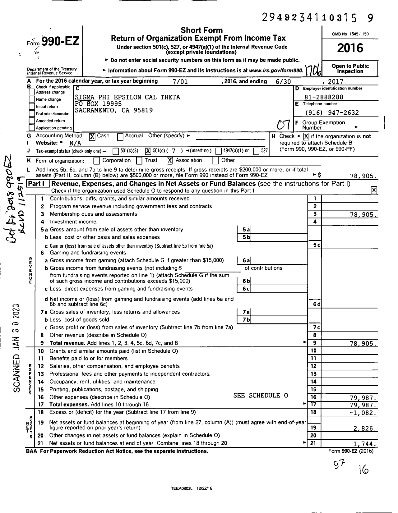 Image of first page of 2016 Form 990EO for Sigma Phi Epsilon - California Theta