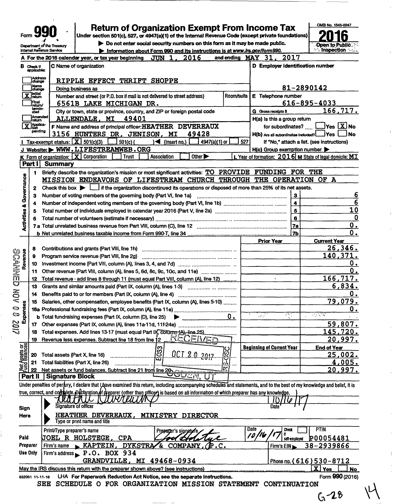 Image of first page of 2016 Form 990 for Ripple Effect Thrift Shoppe