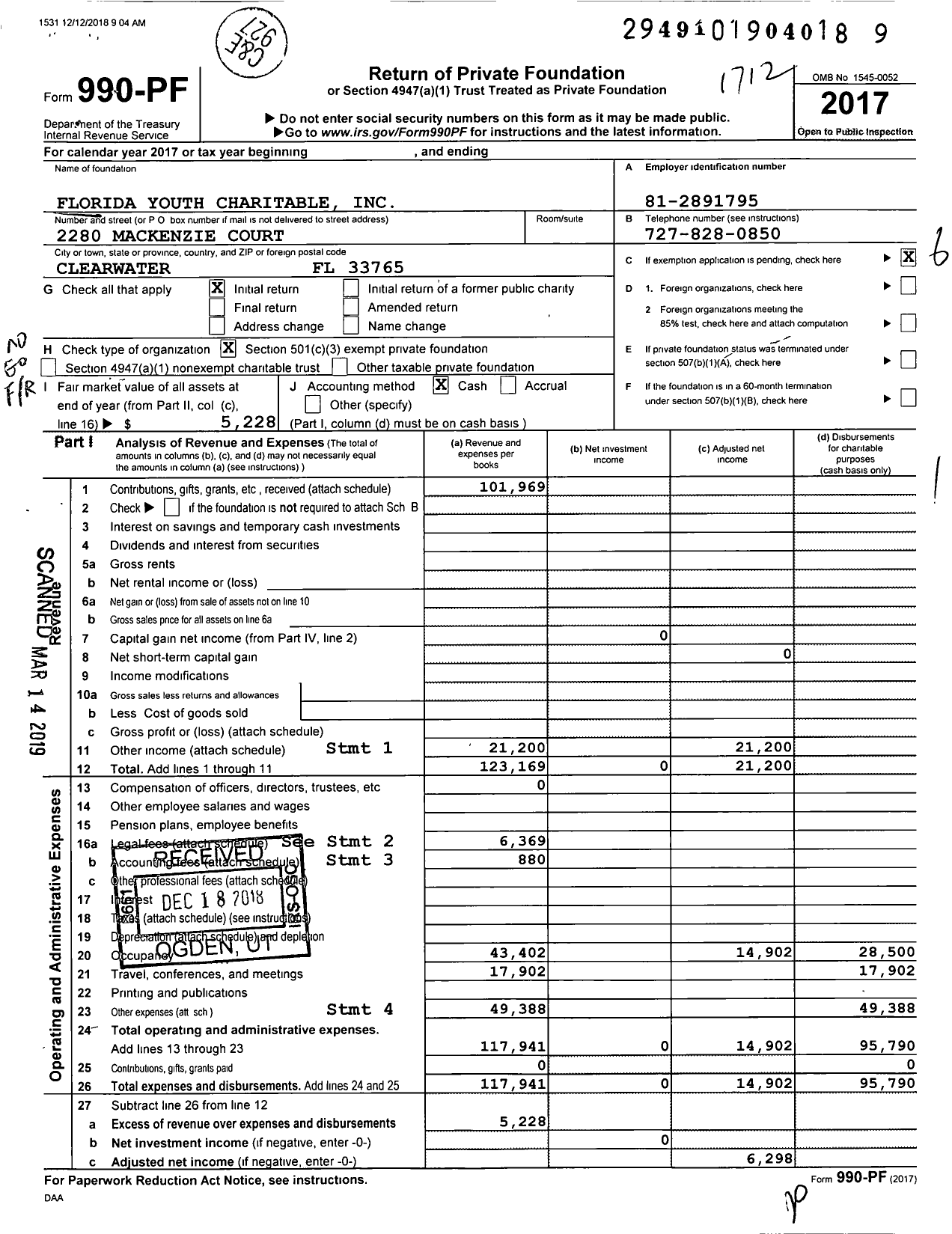 Image of first page of 2017 Form 990PF for Florida Youth Charitable