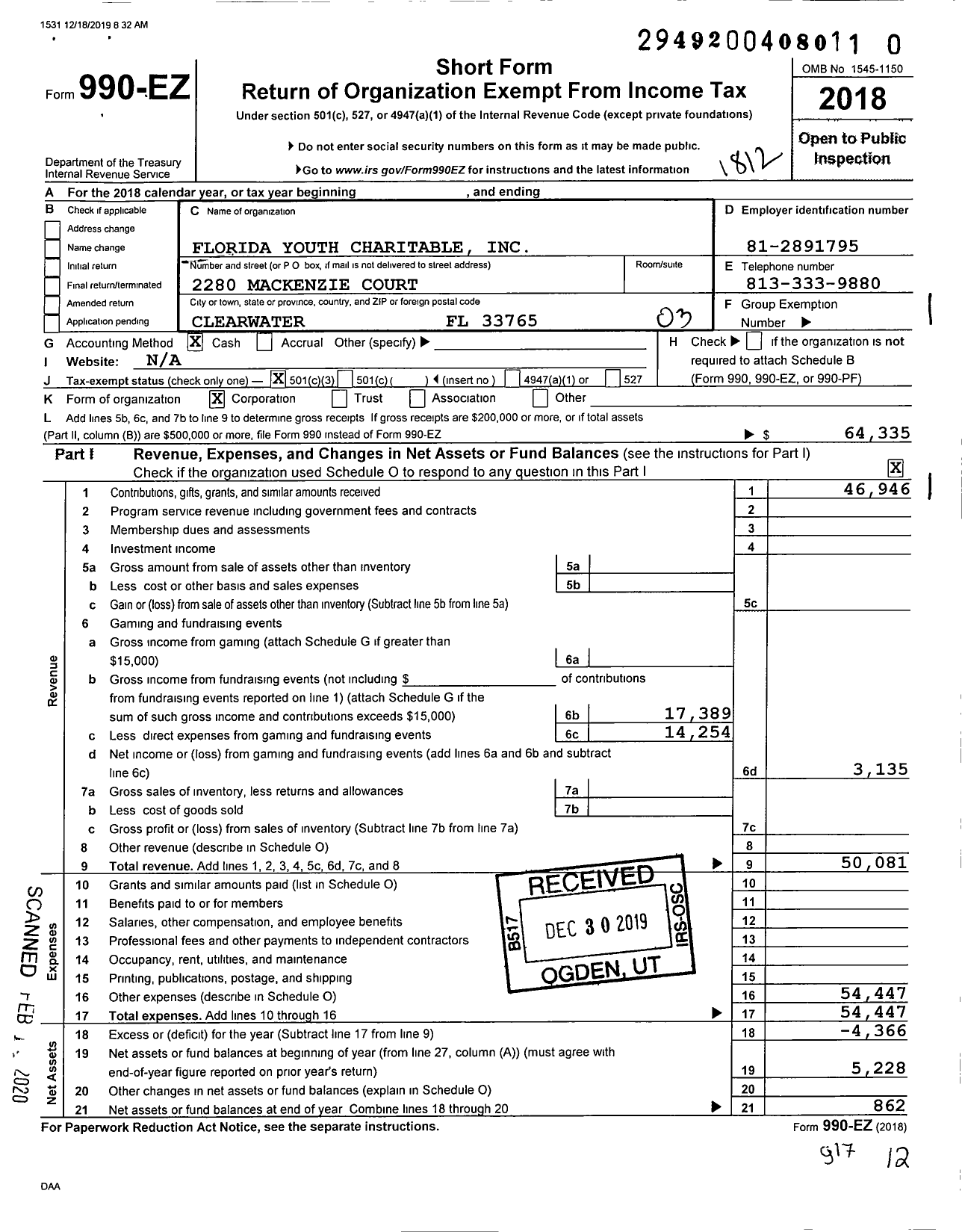 Image of first page of 2018 Form 990EZ for Florida Youth Charitable