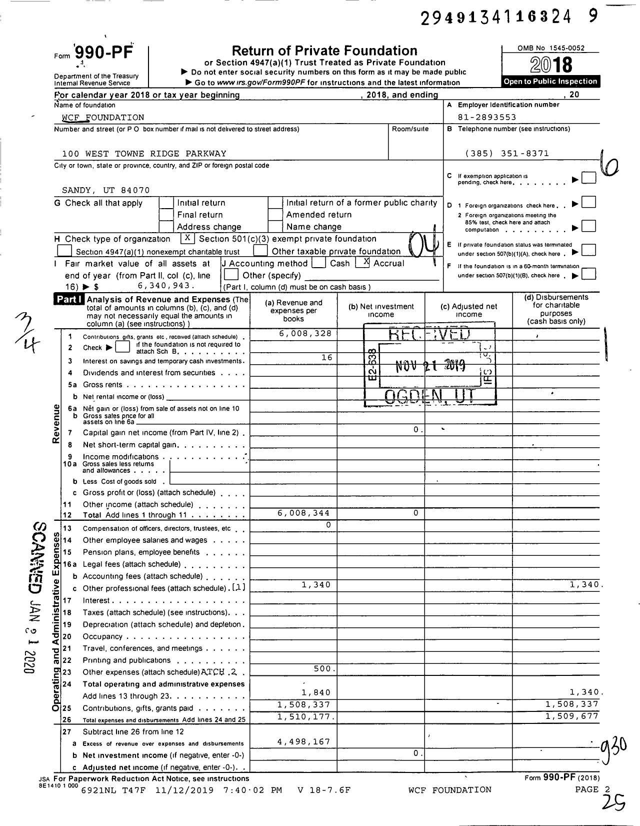 Image of first page of 2018 Form 990PF for WCF Foundation