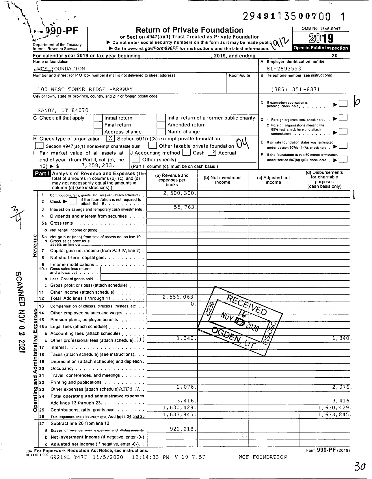 Image of first page of 2019 Form 990PF for WCF Foundation