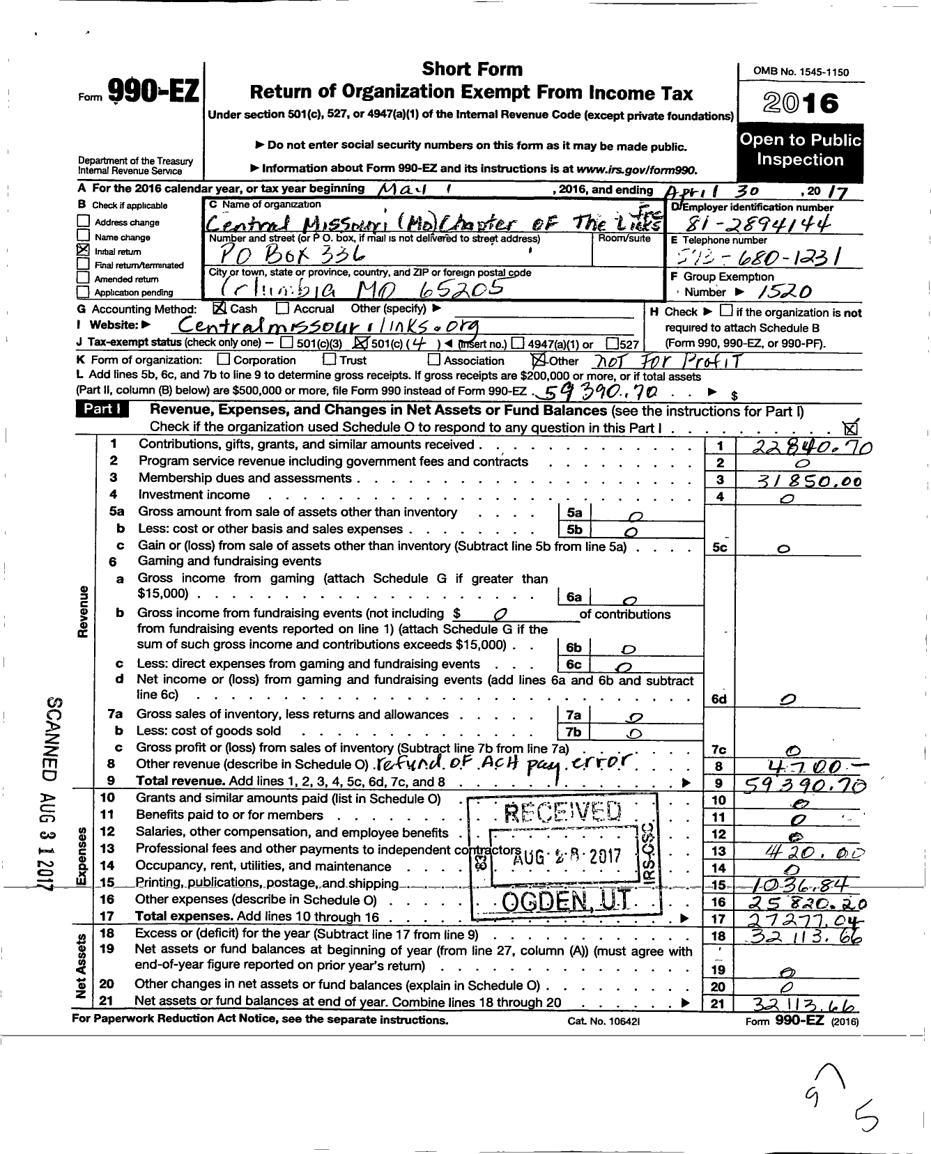 Image of first page of 2016 Form 990EO for Links / Central Missouri