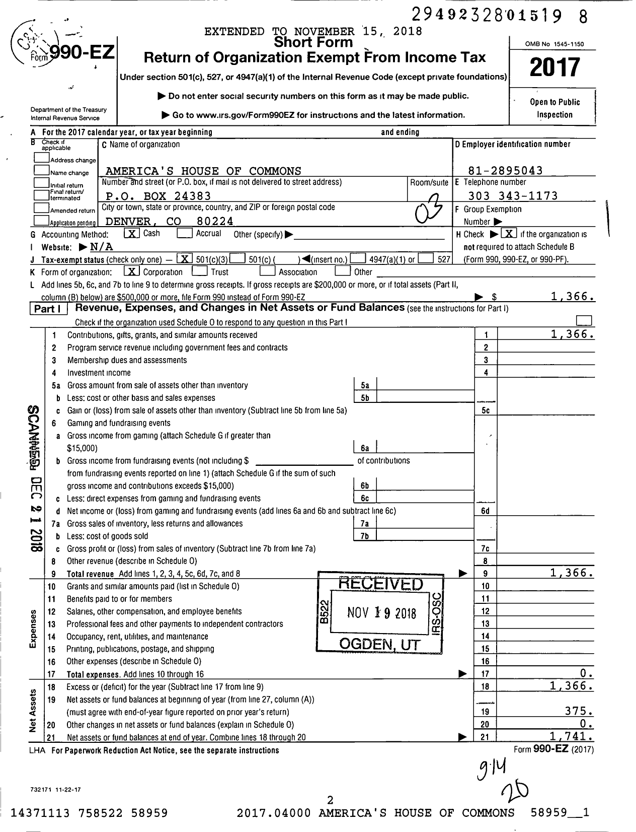 Image of first page of 2017 Form 990EZ for Americas House of Commons