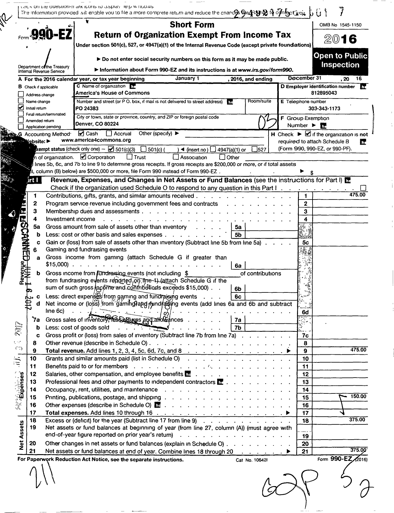 Image of first page of 2016 Form 990EZ for Americas House of Commons