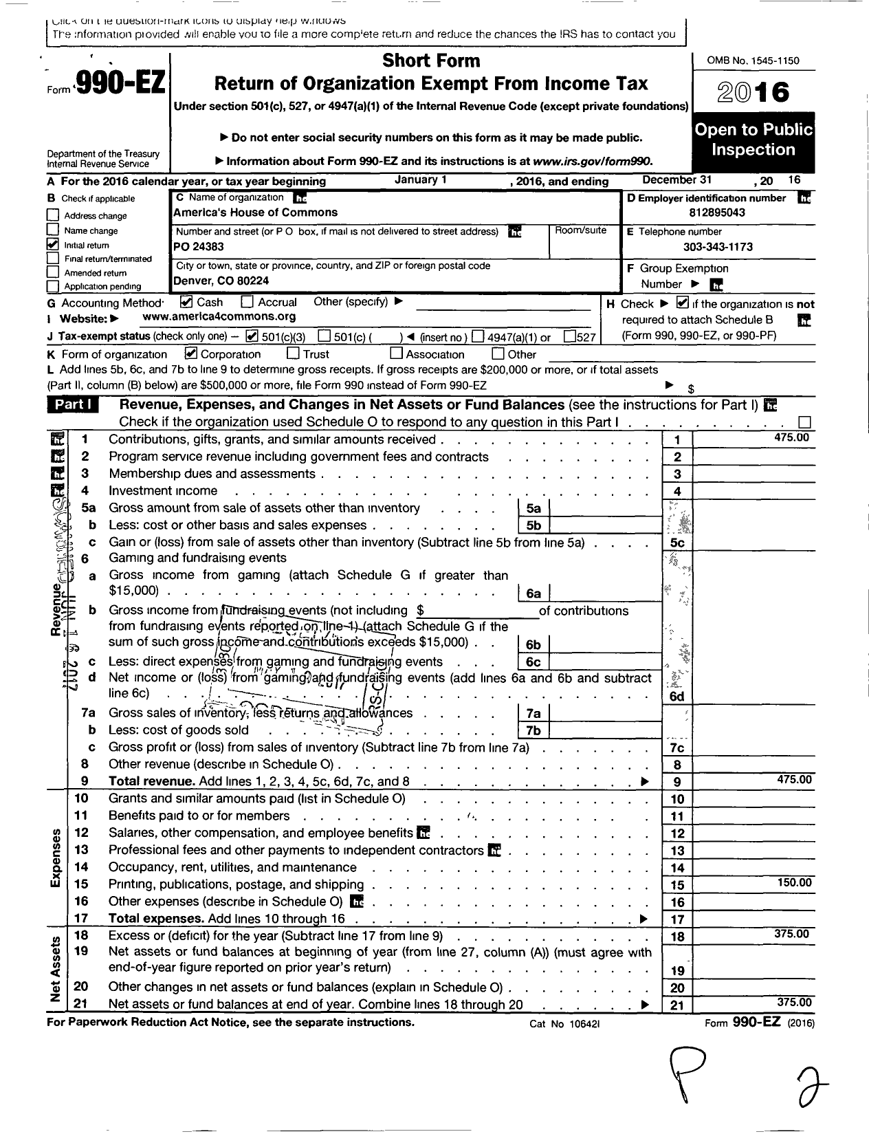 Image of first page of 2016 Form 990EZ for Americas House of Commons