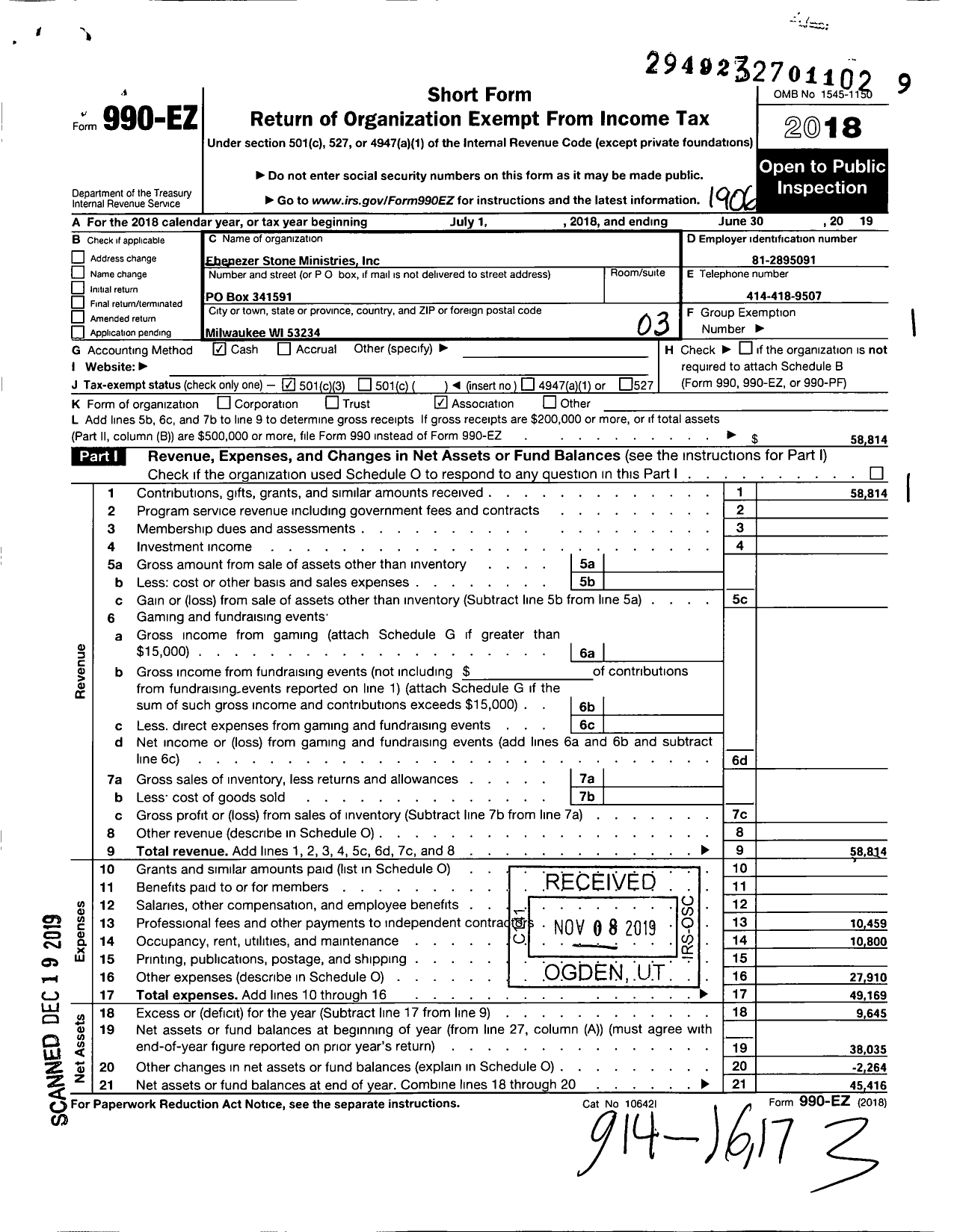 Image of first page of 2018 Form 990EZ for Ebenezer Stone Ministries